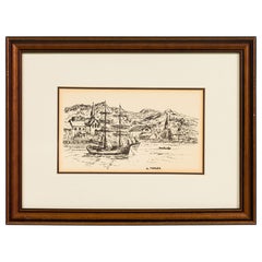 American Country Seascape Sketch Of A Port Town And A Sail Boat