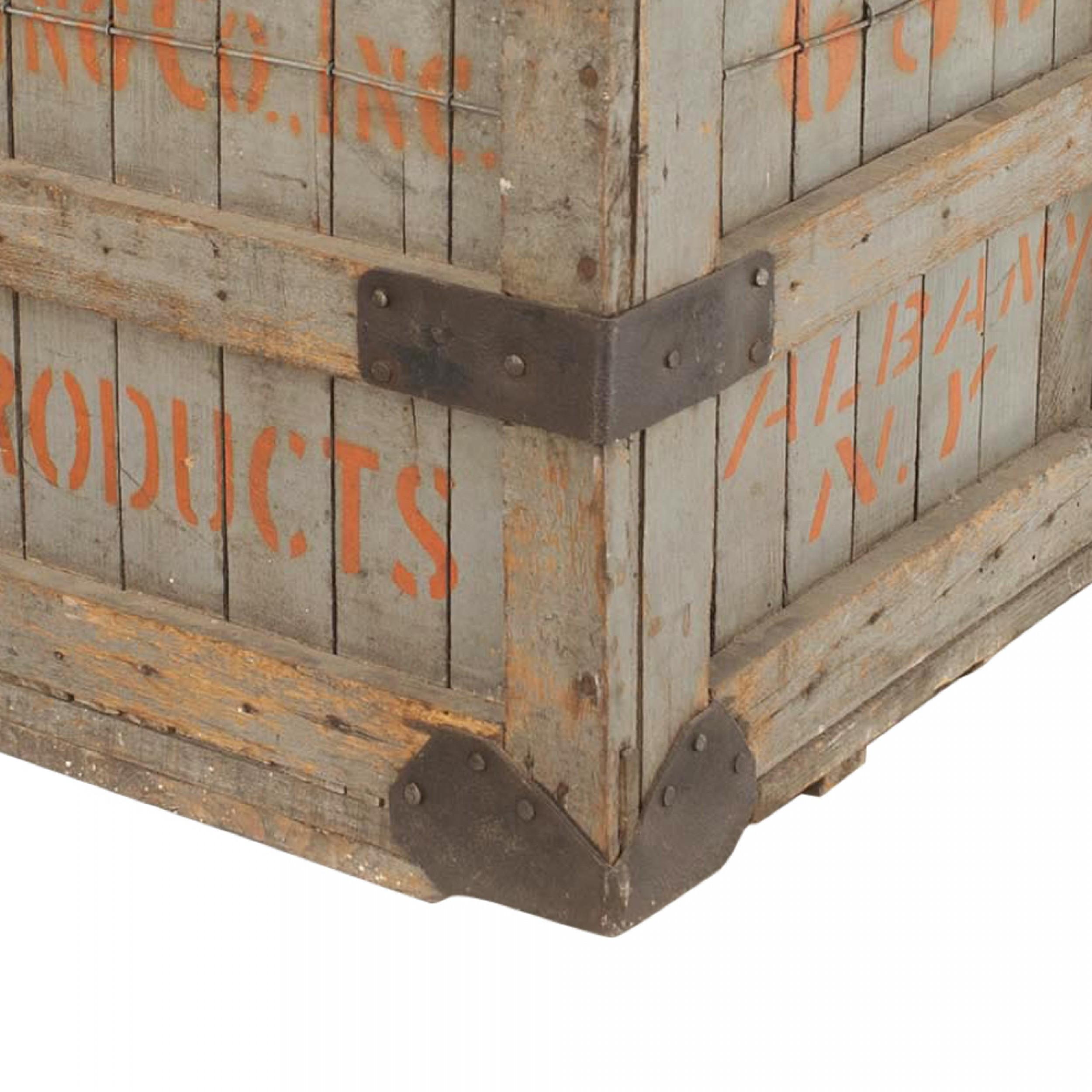 American Country (19th Cent) grey painted slat design floor trunk with wrought iron corners and trim