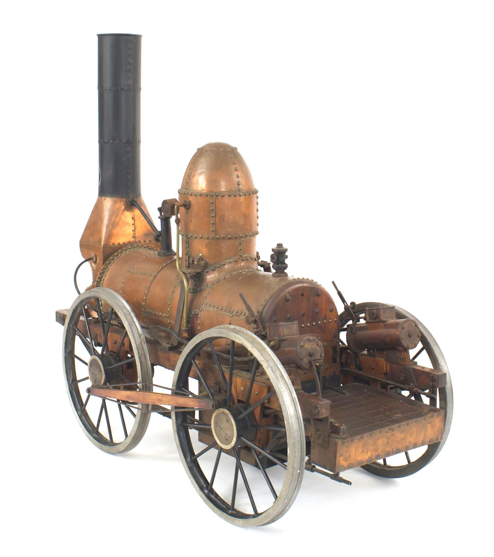 American Country style (20th century) copper train model of Dewitt Clinton train steam engine (Stephenson's Rocket) on tracks (see #049802 for train coach companion piece).
   