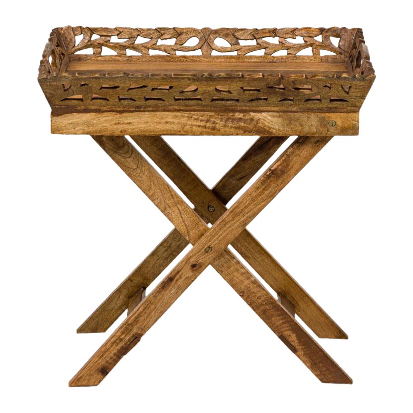 American Country Style Carved Wooden Tray Top Collapsible Table For Sale