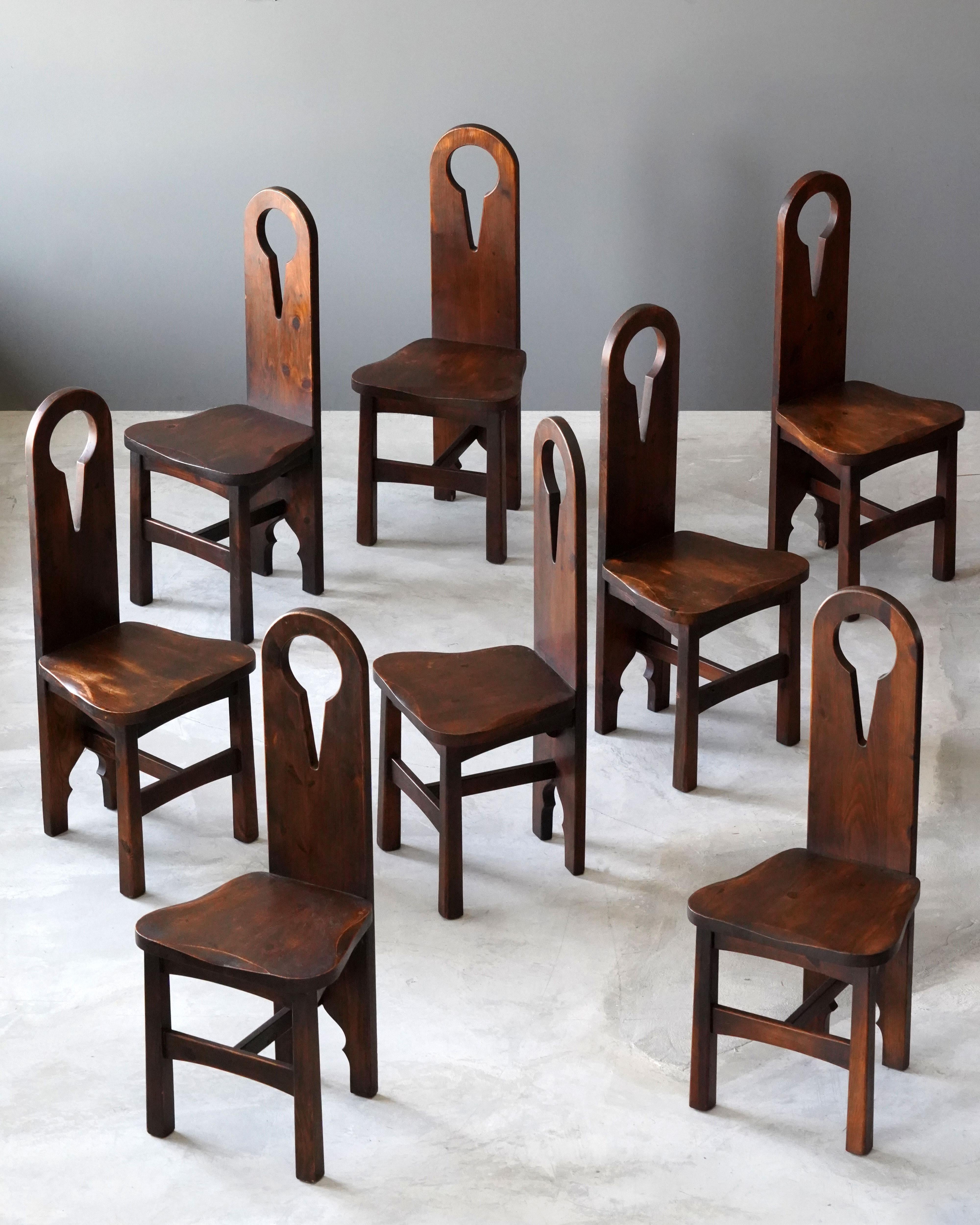 A set of dining chairs / side chairs. In an functionalist arts and crafts style. Similar to that of works by Charles Rohlfs. Produced first quarter 20th century.

Other designers of the period include Axel Einar Hjorth, Charles Rennie Mackintosh,