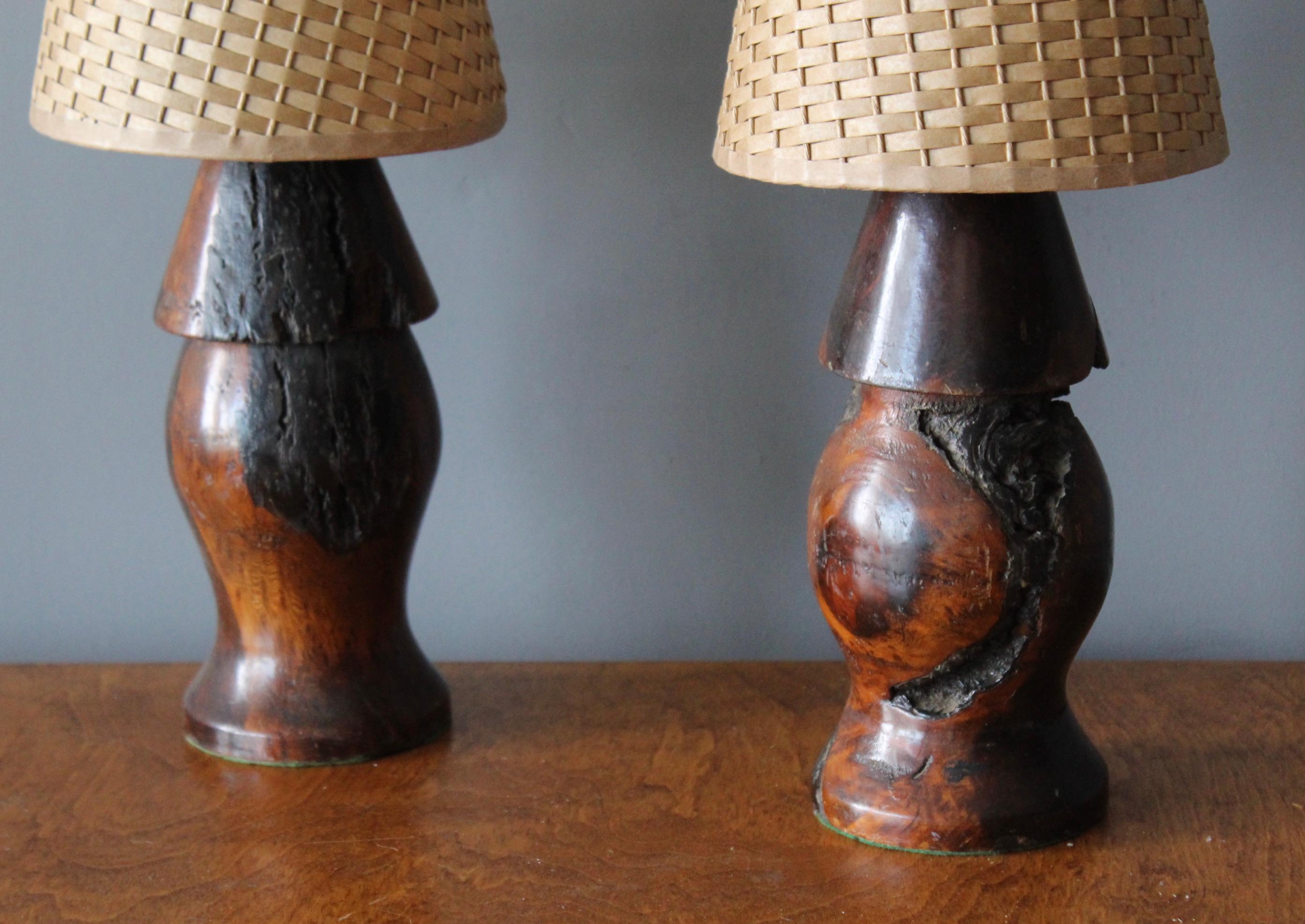 Mid-Century Modern American Craft, Freeform Table Lamps, Dark Stained Burl, Rattan, America, 1950s