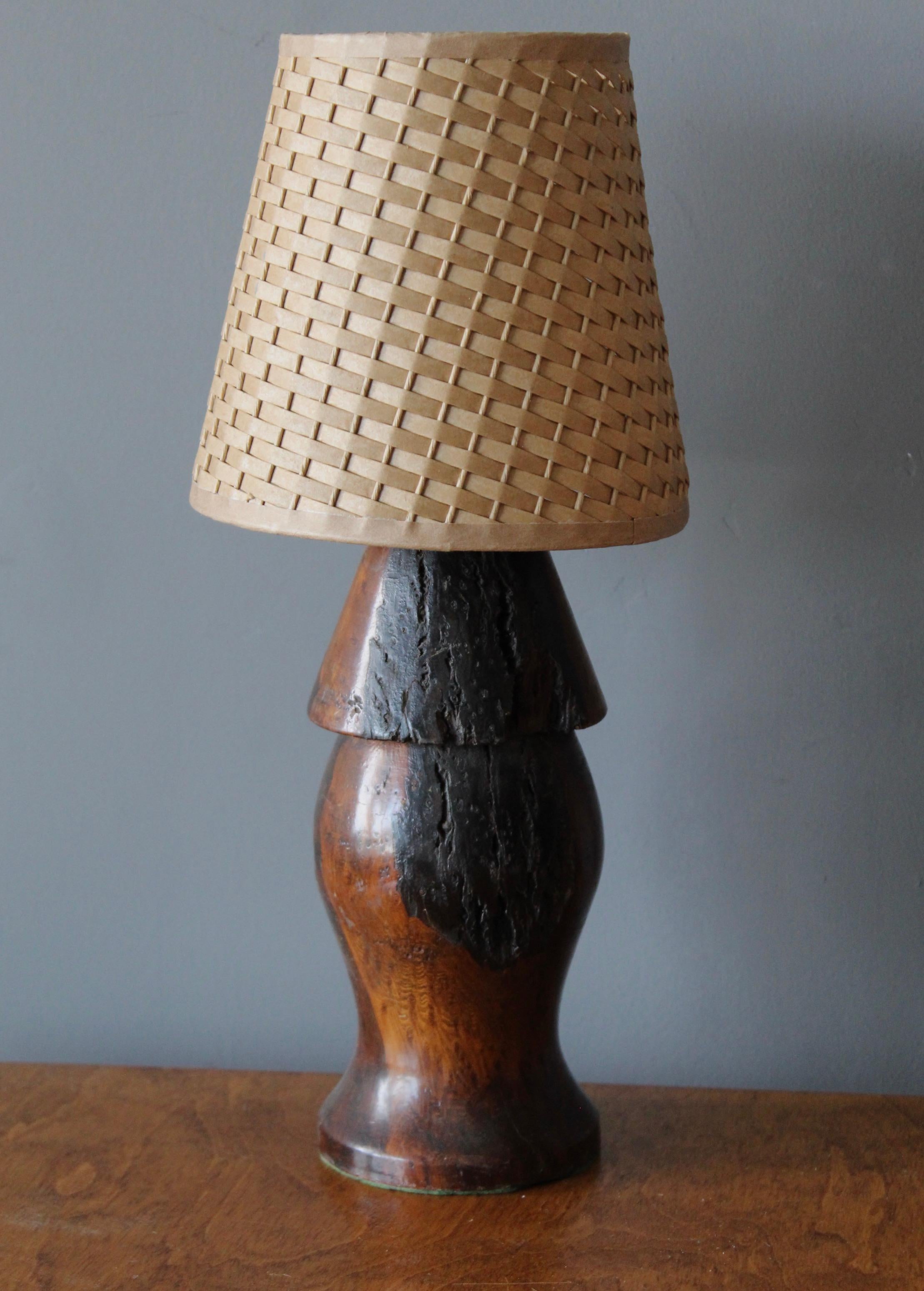 American Craft, Freeform Table Lamps, Dark Stained Burl, Rattan, America, 1950s In Good Condition In High Point, NC