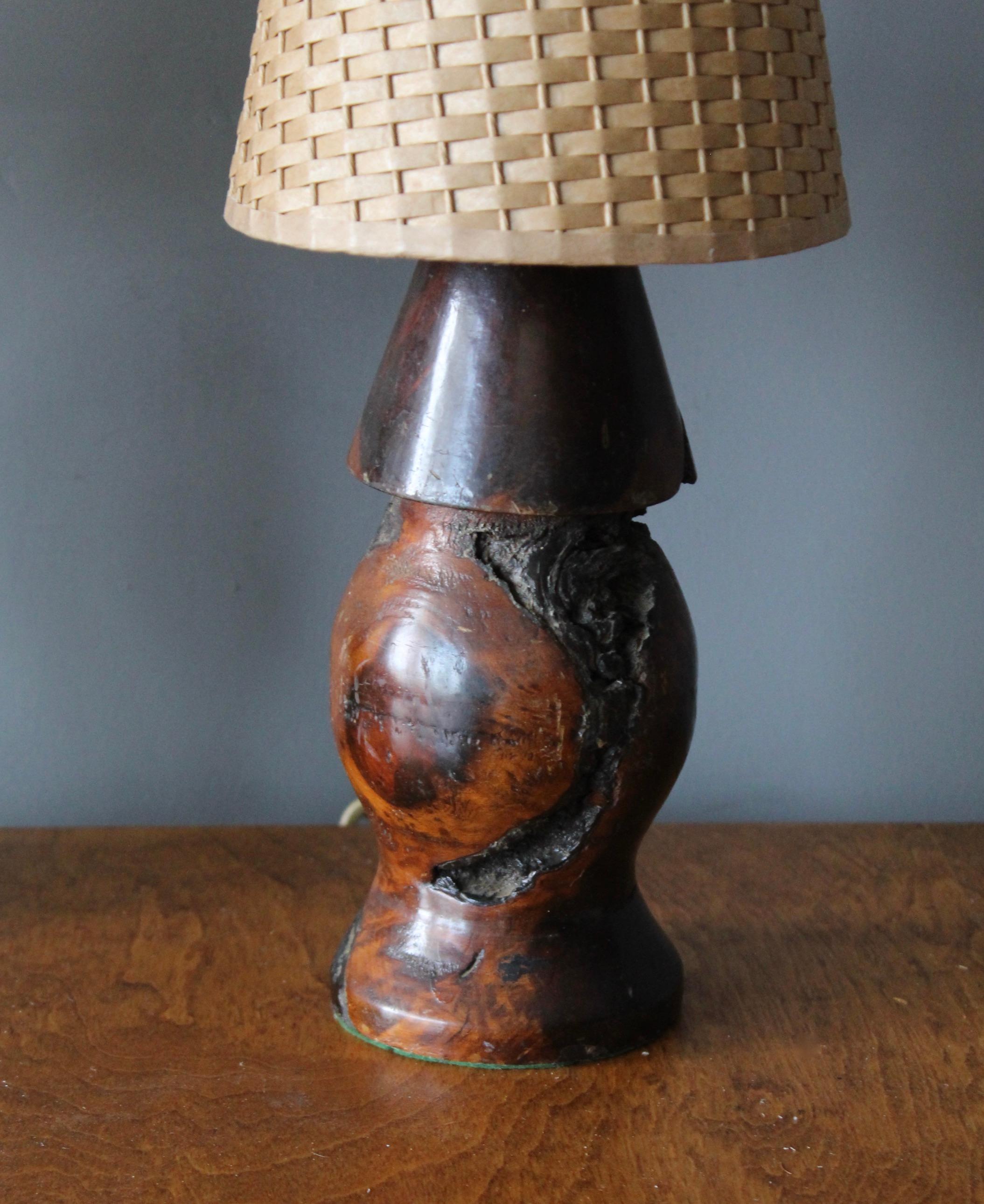 Mid-20th Century American Craft, Freeform Table Lamps, Dark Stained Burl, Rattan, America, 1950s
