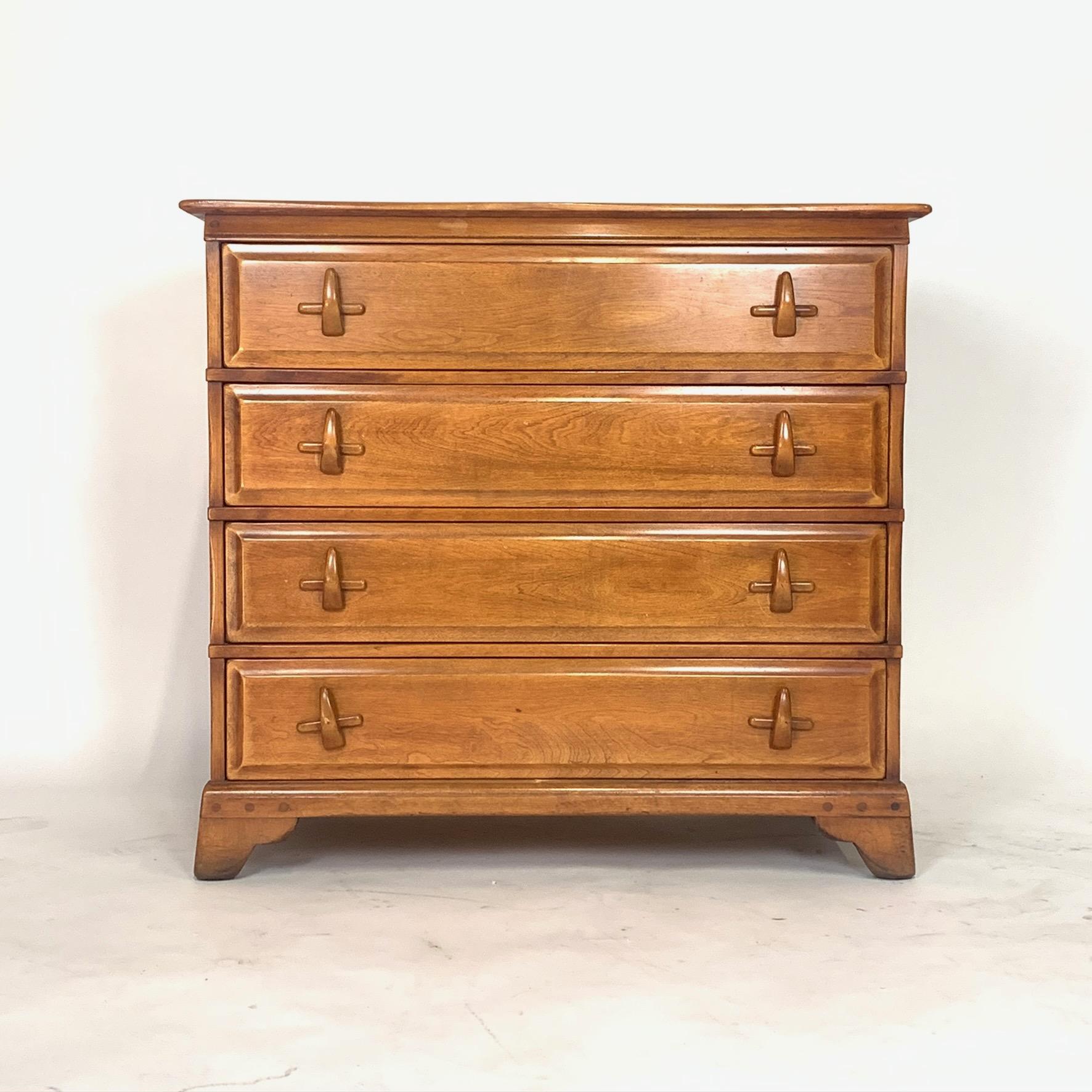 20th Century American Craft Hard Rock Maple 4 Drawer Dresser with Sculptural Pulls by Sikes