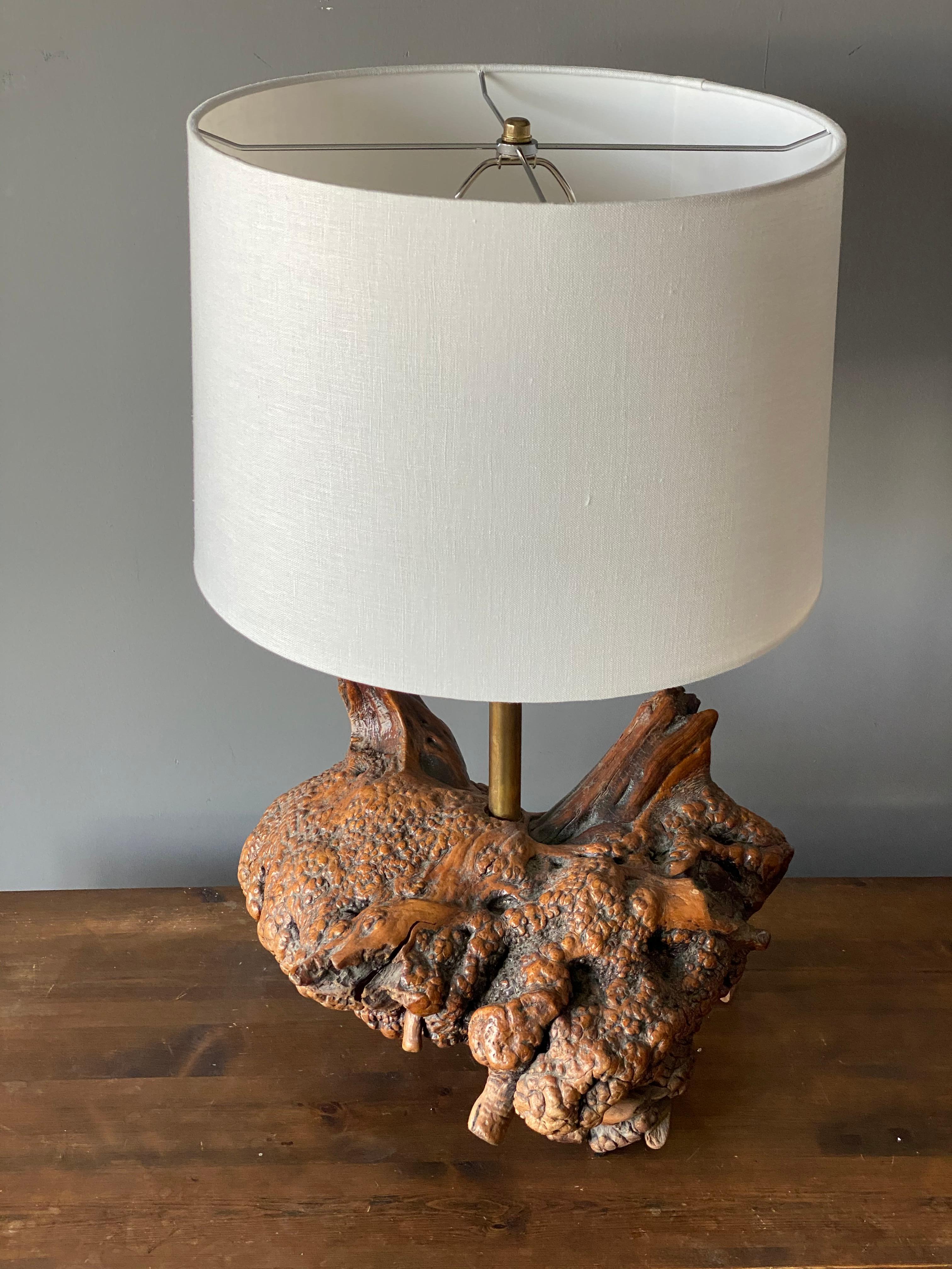 American Craft, Gran Lámpara de Mesa Orgánica, Madera de Burl, Tejido de Latón, América Años 50 Estadounidense