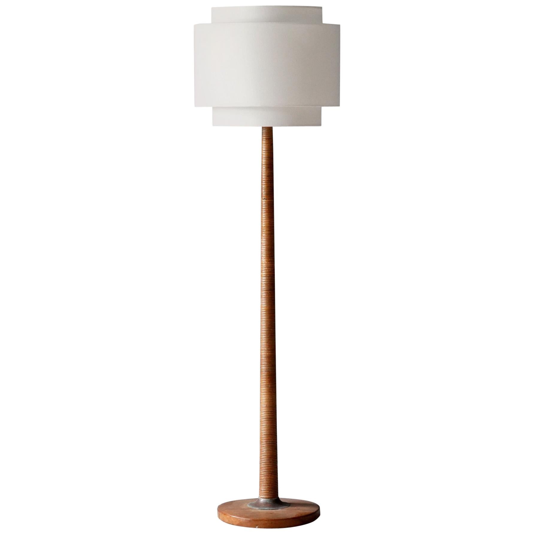 American Craft, Modernist Floor Lamp, Reed, Brass, Wood, America, 1950s