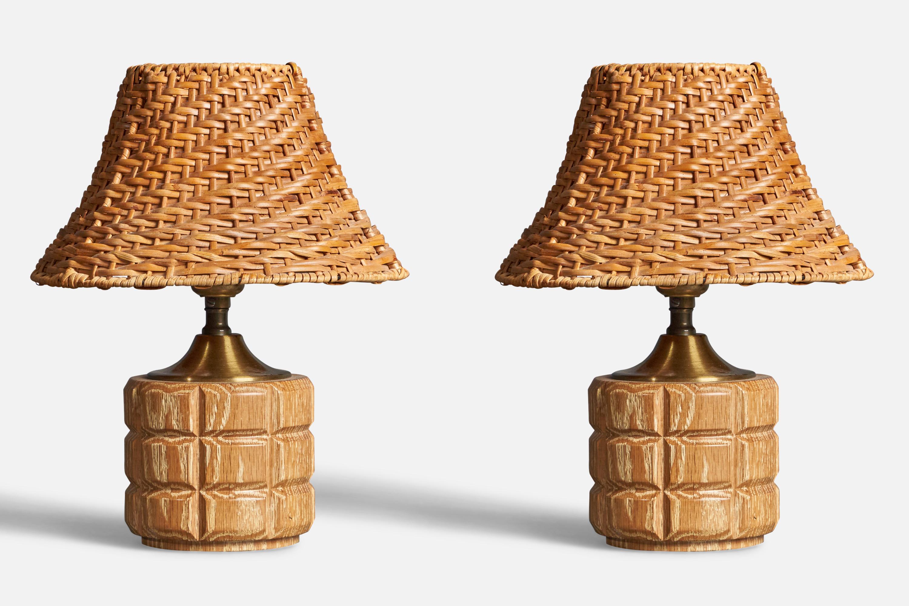 Mid-Century Modern American Craft, Sculptural Table Lamps, Oak, Rattan, Brass America, 1960s For Sale