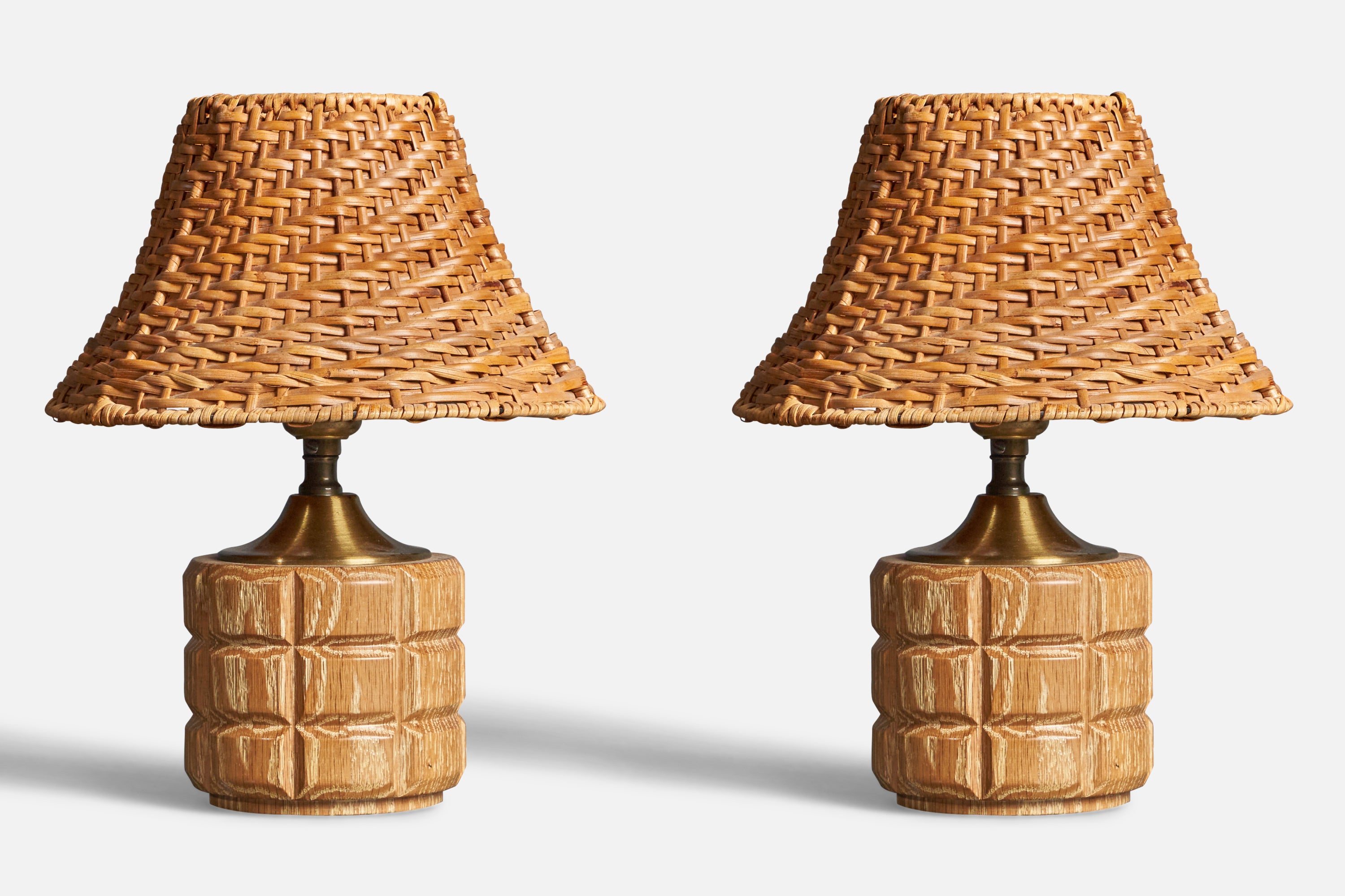 American Craft, Sculptural Table Lamps, Oak, Rattan, Brass America, 1960s For Sale