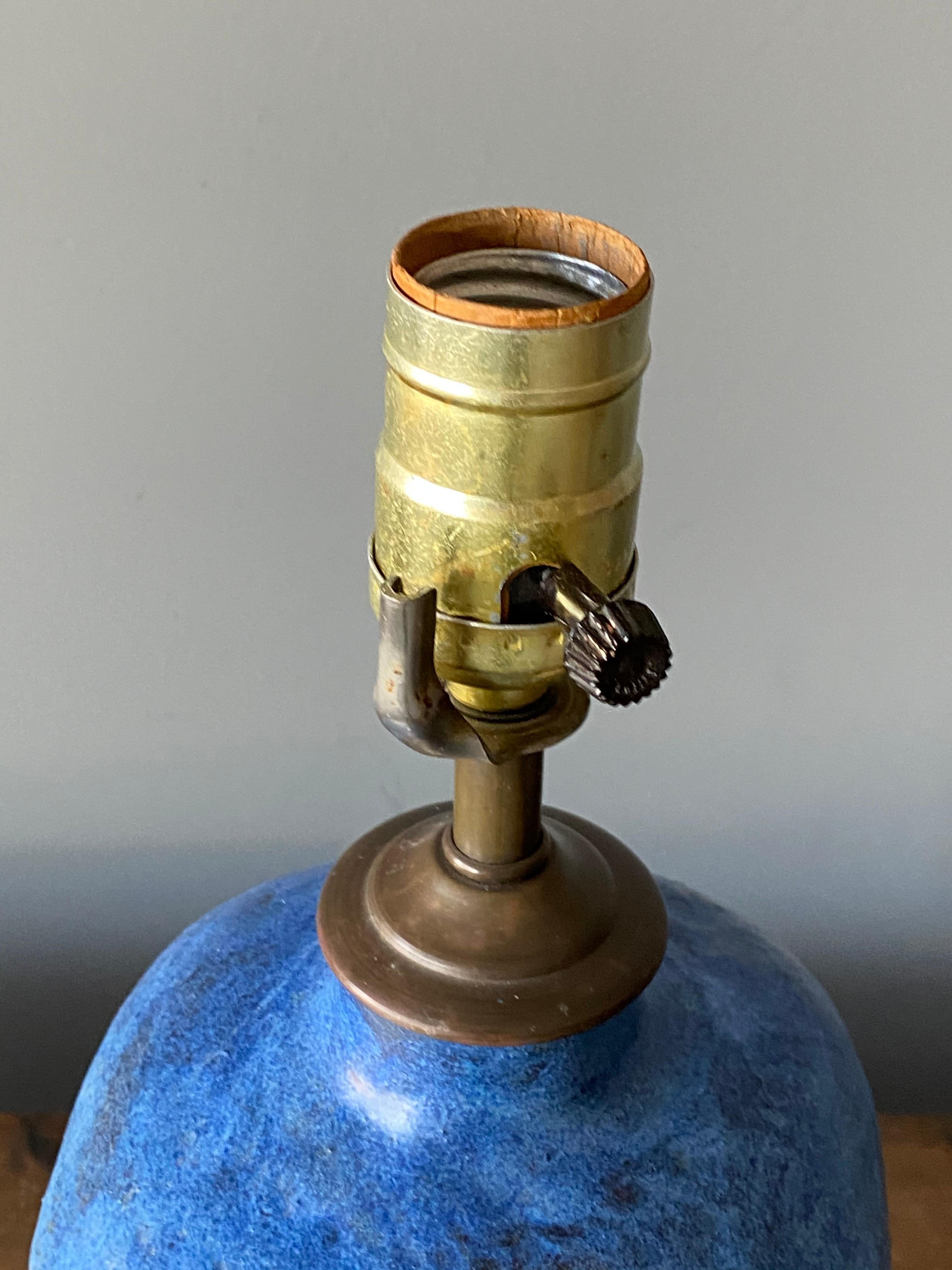 American Craft, Table Lamp, Blue Stoneware, Brass, America, 1950s 2