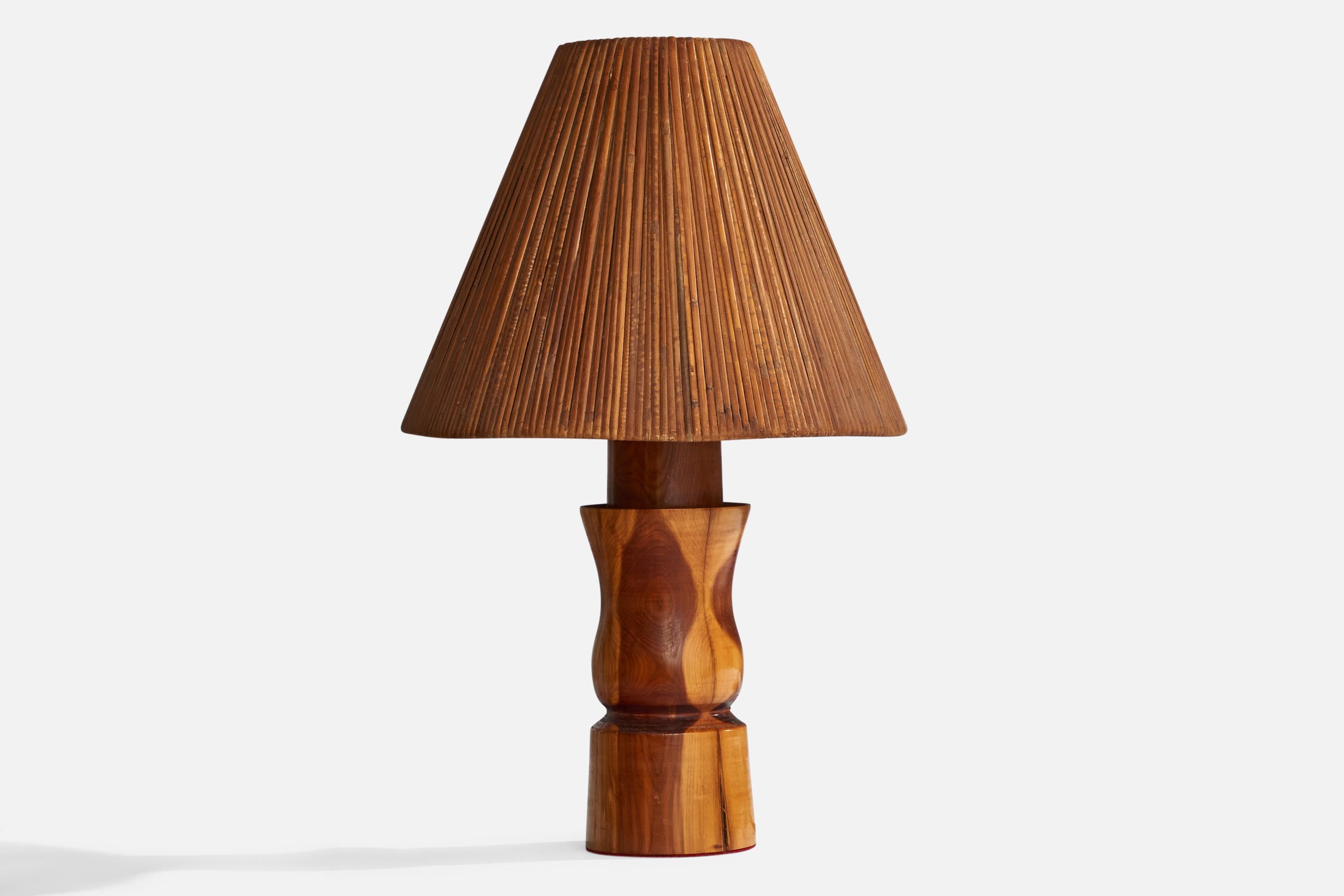 A hickory and rattan table lamp designed and produced in the US, 1950s.

Dimensions (inches): 19”  H x 13.25” W x 13.25” D
Stated dimensions include shade.
Bulb Specifications: E-26 Bulb
Number of Sockets: 1
All lighting will be converted for US
