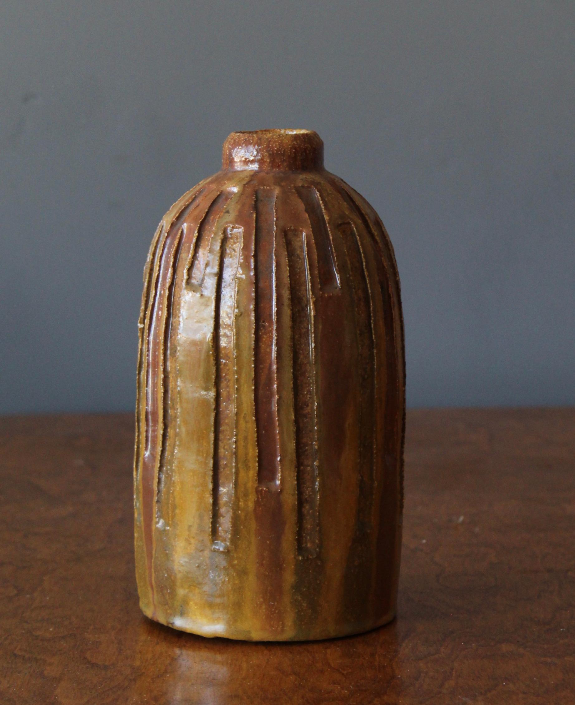 Mid-Century Modern American Craft, Vase, Incised Brown Glazed Ceramic, America, 1960s
