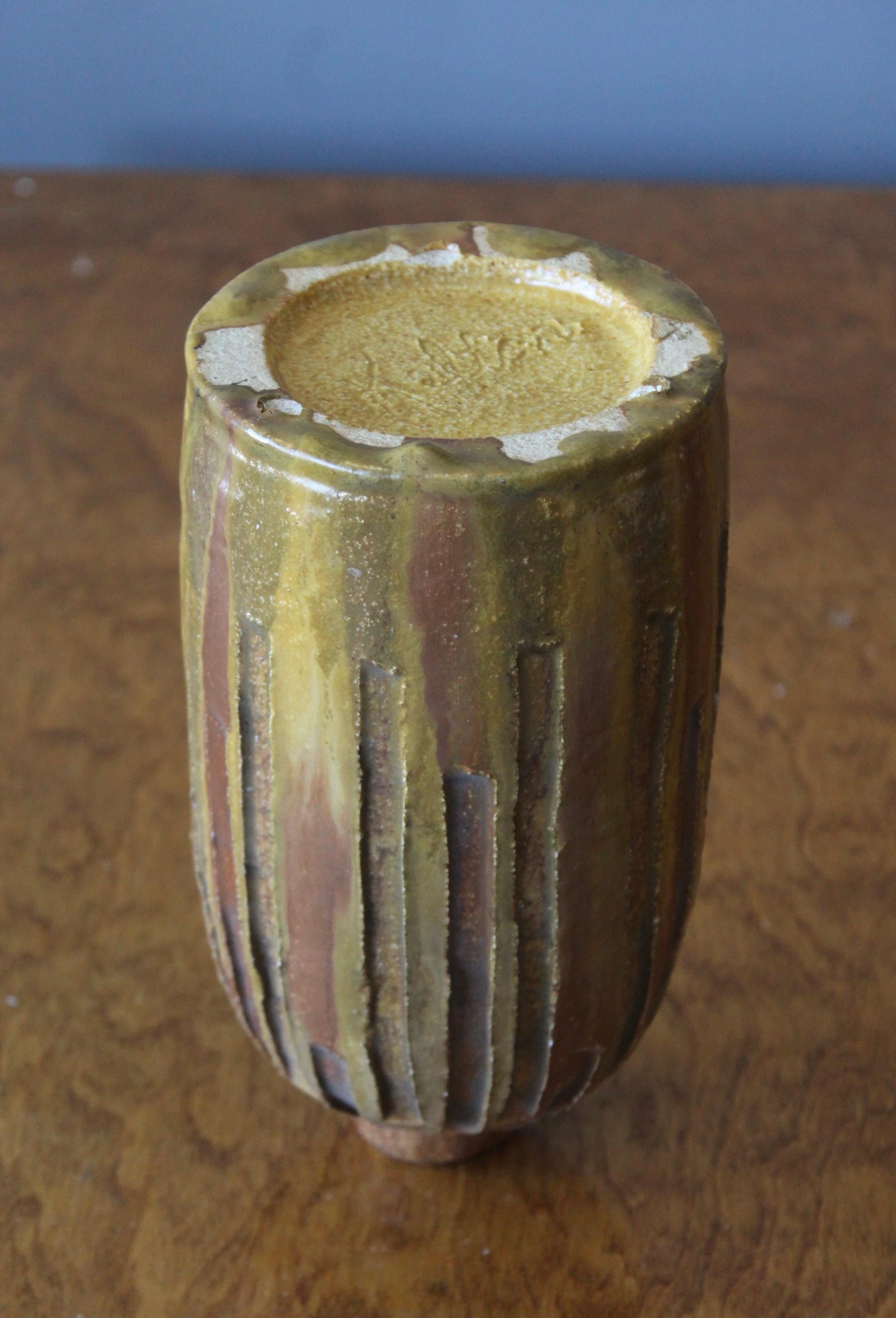 Mid-20th Century American Craft, Vase, Incised Brown Glazed Ceramic, America, 1960s
