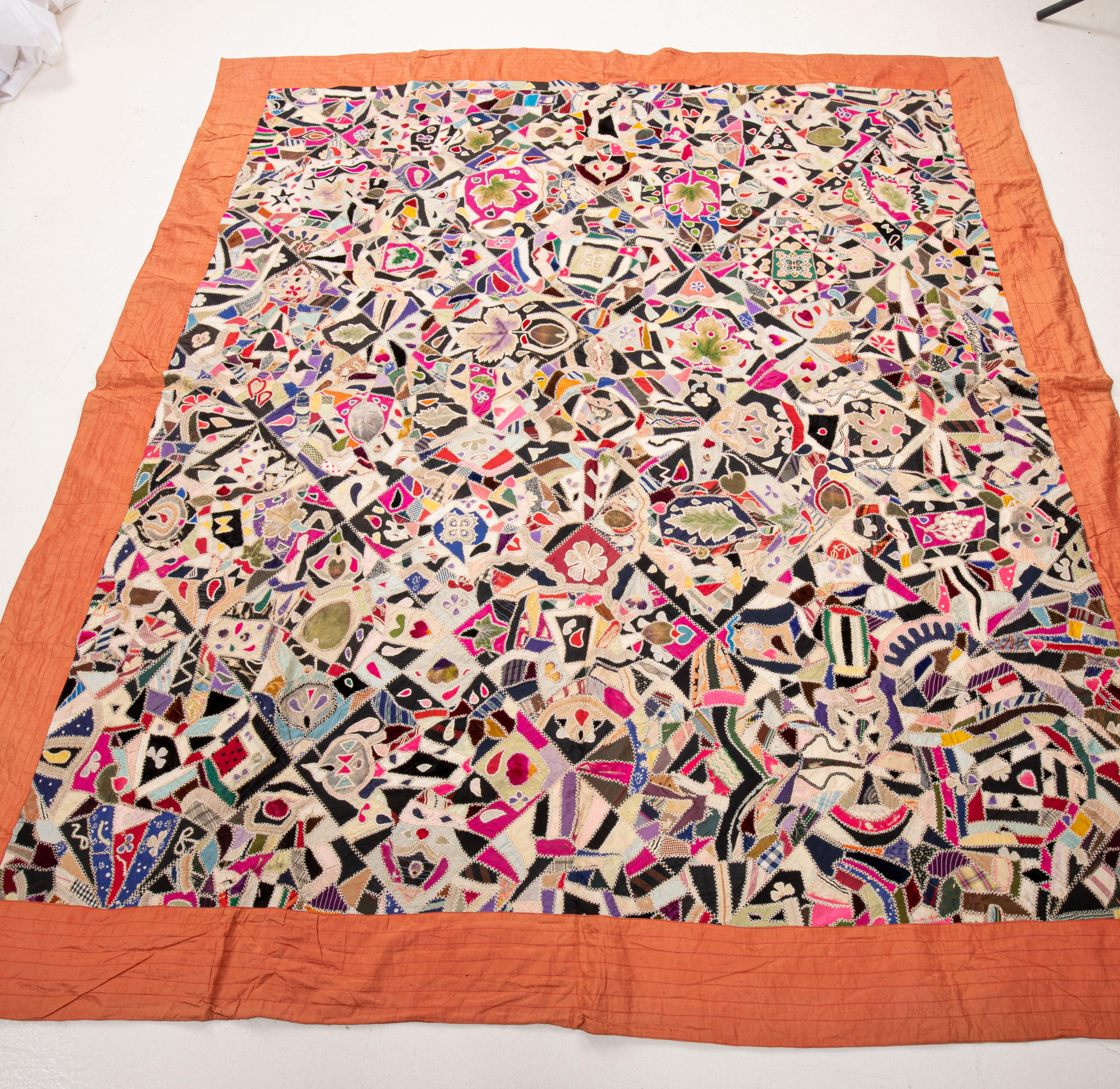Quilted American Crazy Quilt, early 20th C. For Sale