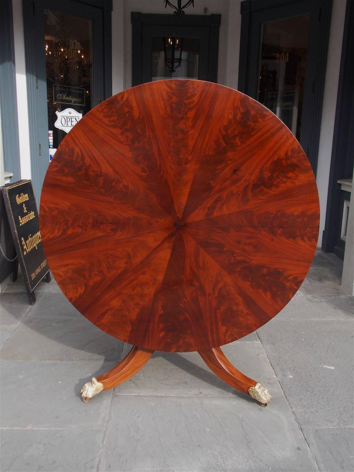 American Empire American Crotch Mahogany Pie Shaped Hinged Top Center Table, NY, Circa 1820