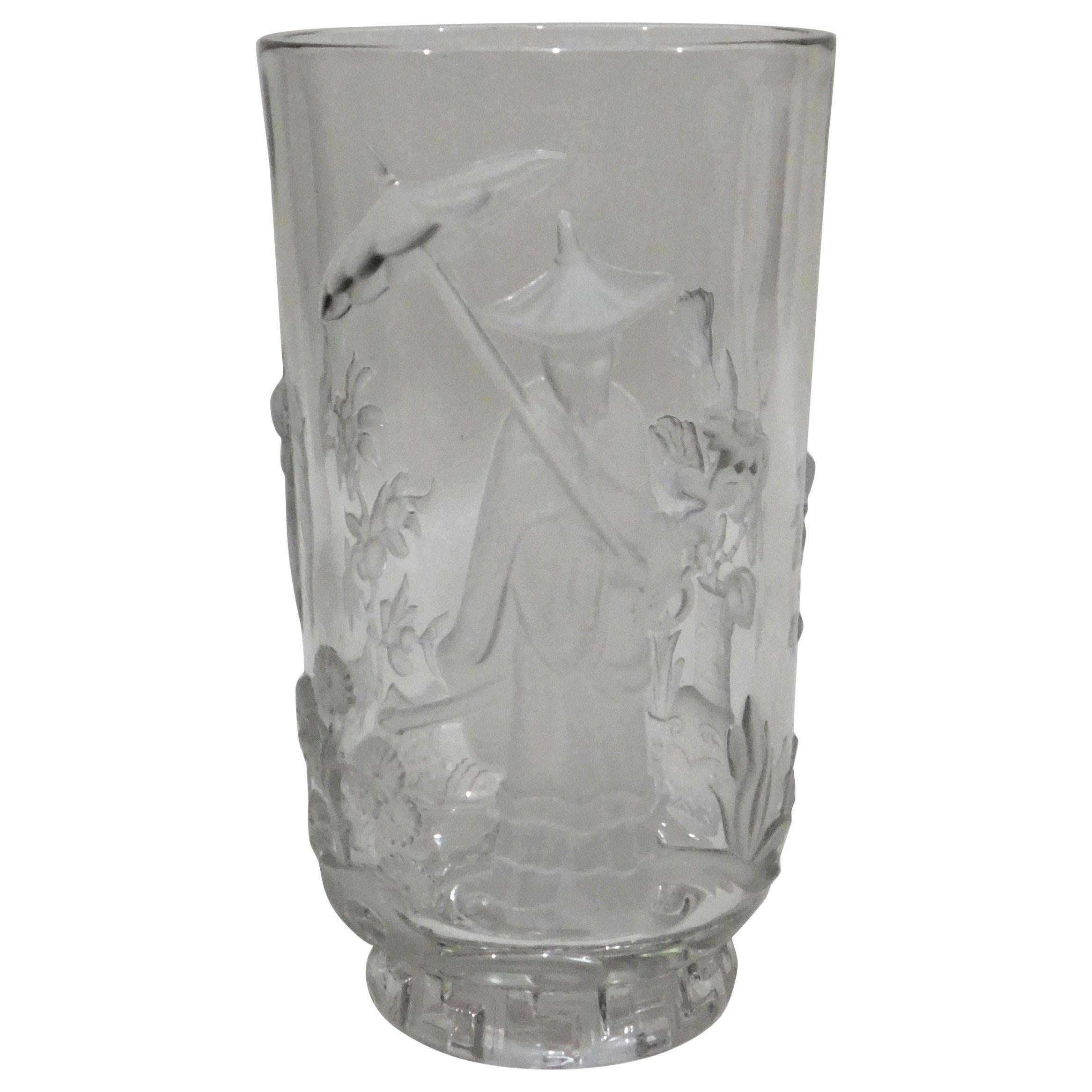 American Crystal Art Glass Verlys Vase with Chinese Mandarin Design