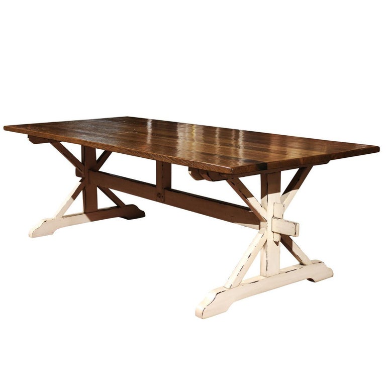 American Customizable Oak Dining Farm Table with Whitewashed Trestle