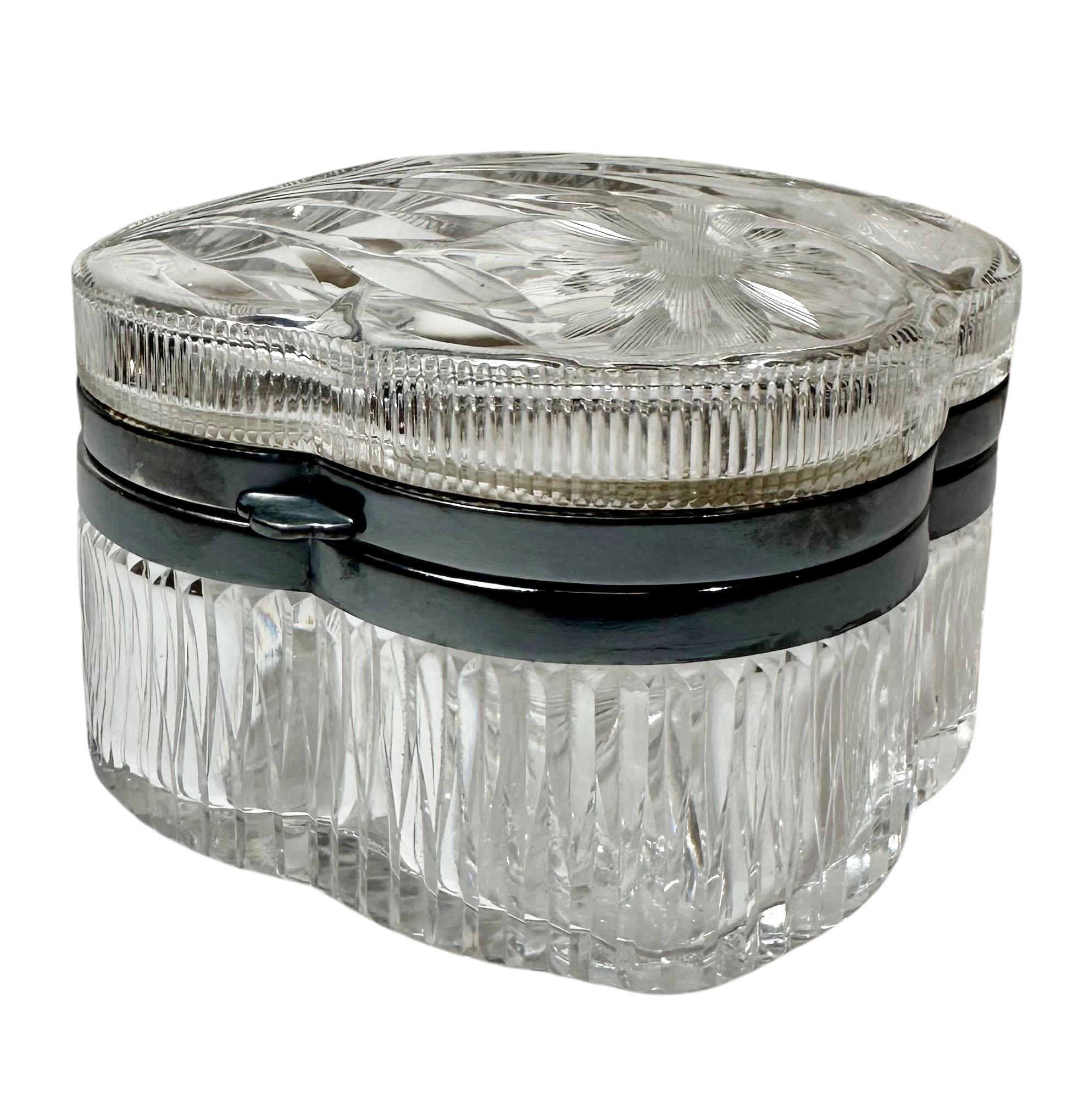 Mid-20th Century American Cut Crystal Box with Silver Plate Edge For Sale