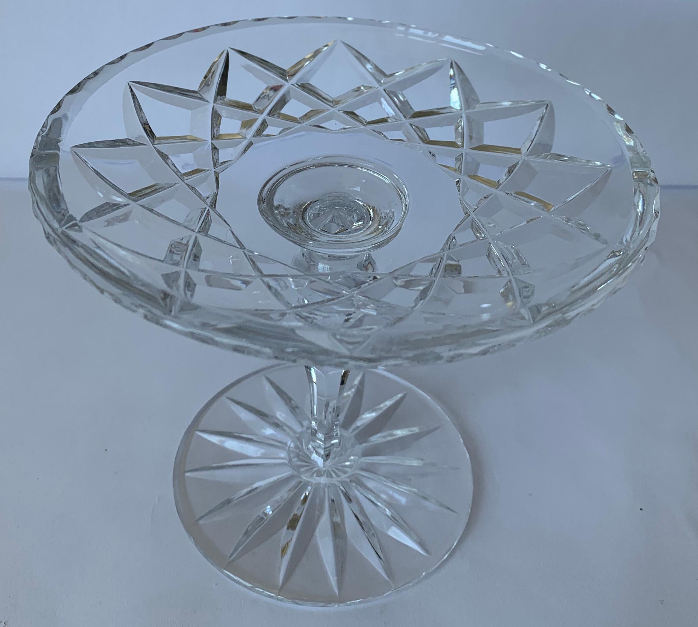 1930s American cut crystal footed compote. Faceted cut crystal. No makers mark or signature.