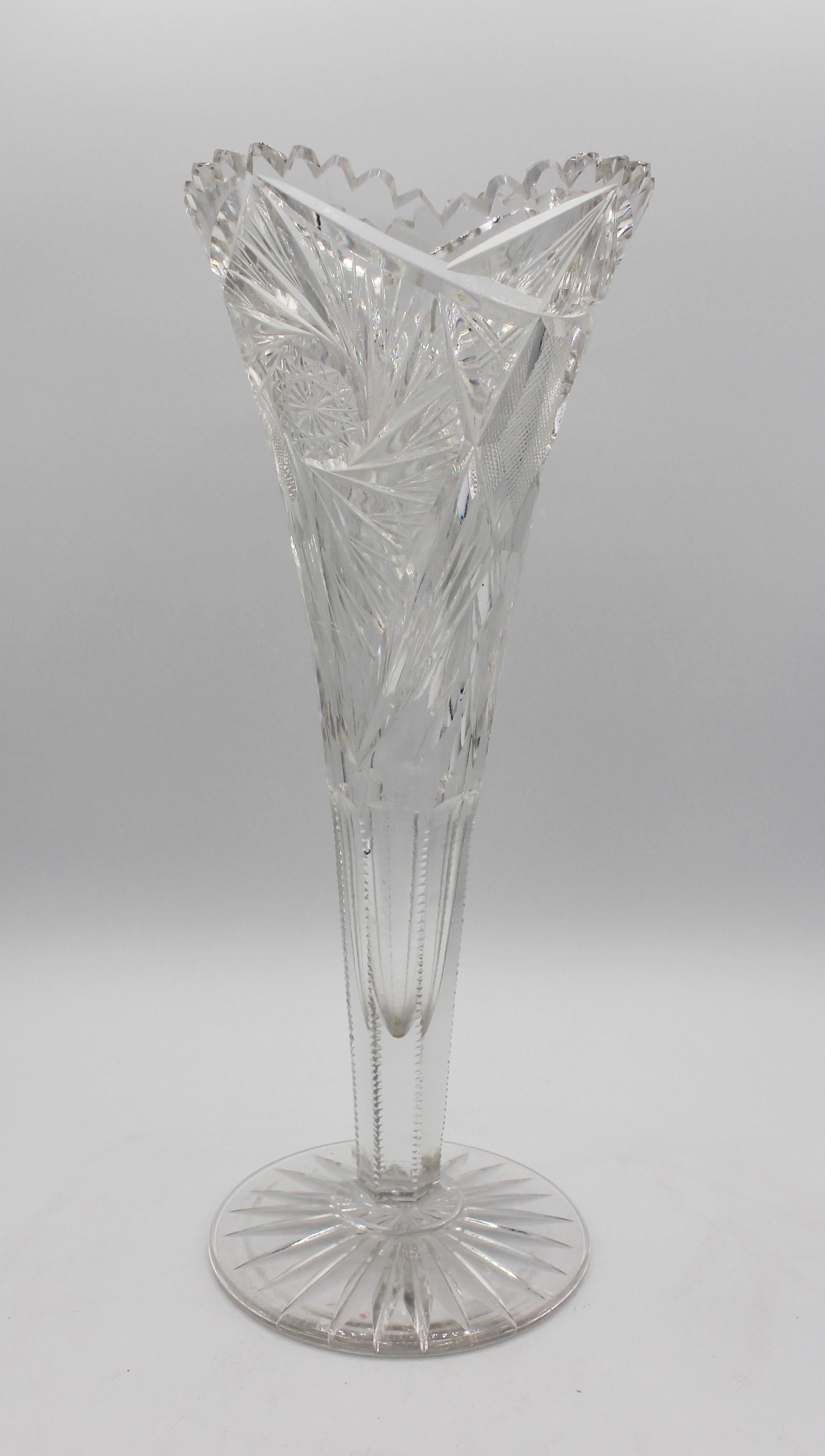 Circa 1895-1910 cut glass trumpet vase, American, brilliant period cut glass. One minor point chip. 13 3/4