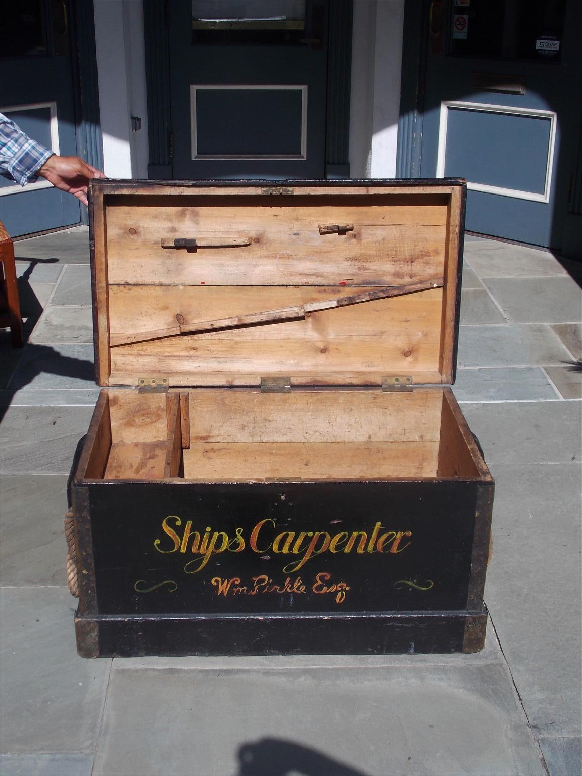 American Decorative Painted Ship Carpenter Trunk with Orig. Rope Beckets, C 1864 3