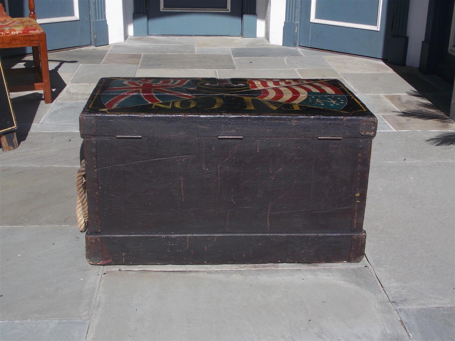 American Decorative Painted Ship Carpenter Trunk with Orig. Rope Beckets, C 1864 6