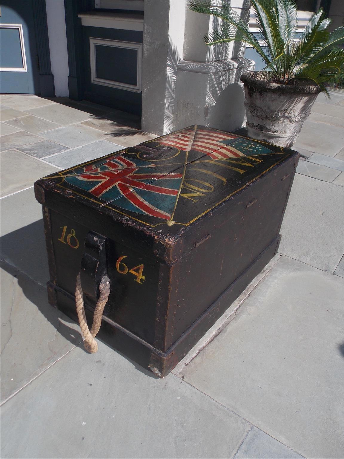 American Decorative Painted Ship Carpenter Trunk with Orig. Rope Beckets, C 1864 7