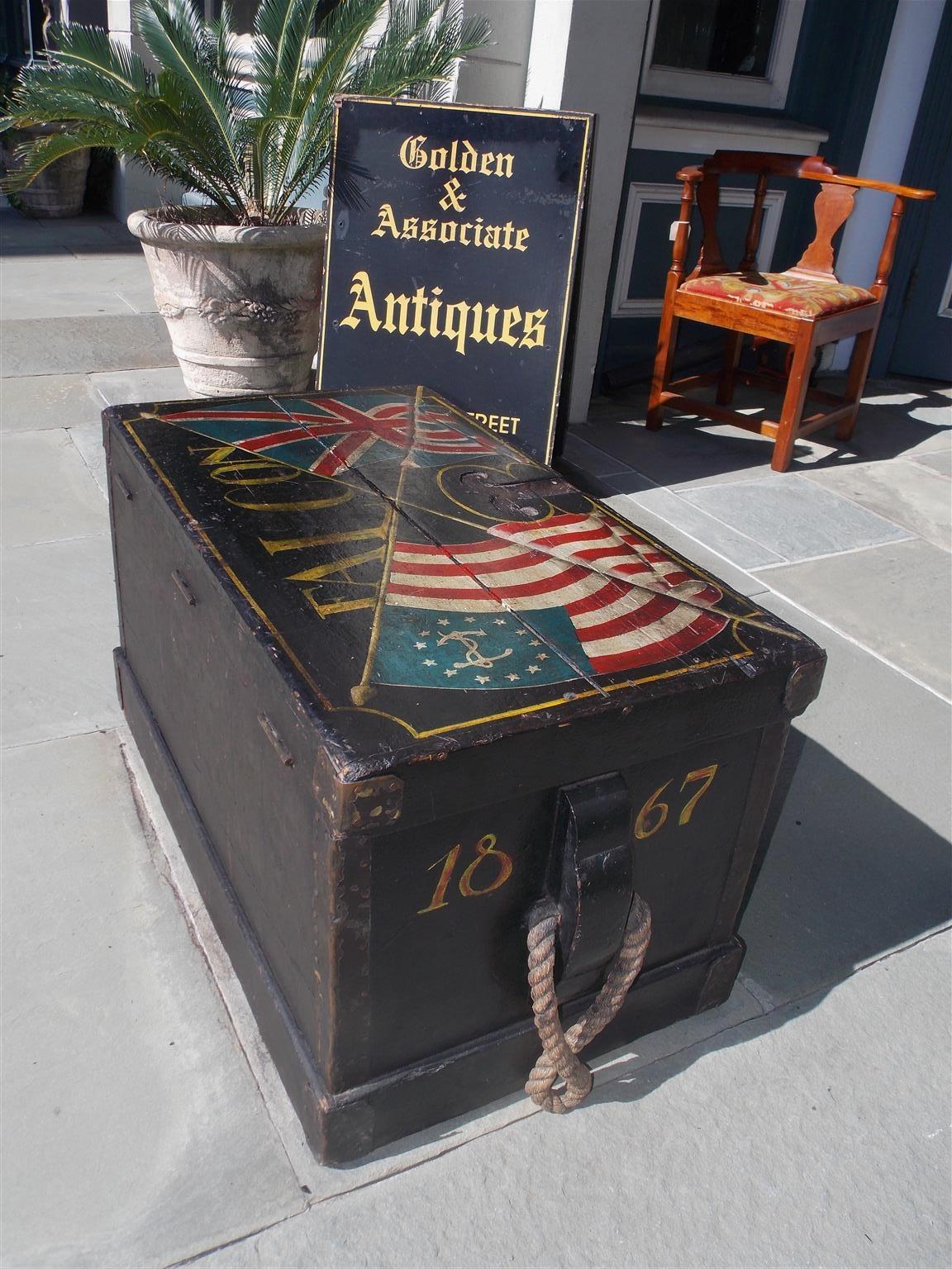 American Decorative Painted Ship Carpenter Trunk with Orig. Rope Beckets, C 1864 8