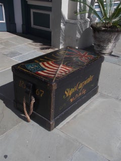 American Decorative Painted Ship Carpenter Trunk with Orig. Rope Beckets, C 1864