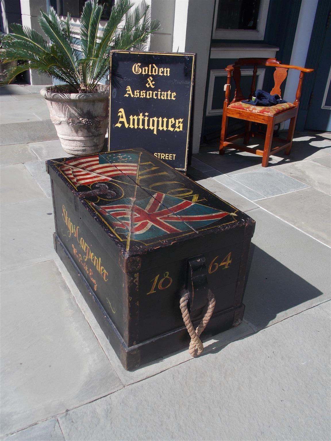 American Empire American Decorative Painted Ship Carpenter Trunk with Orig. Rope Beckets, C 1864