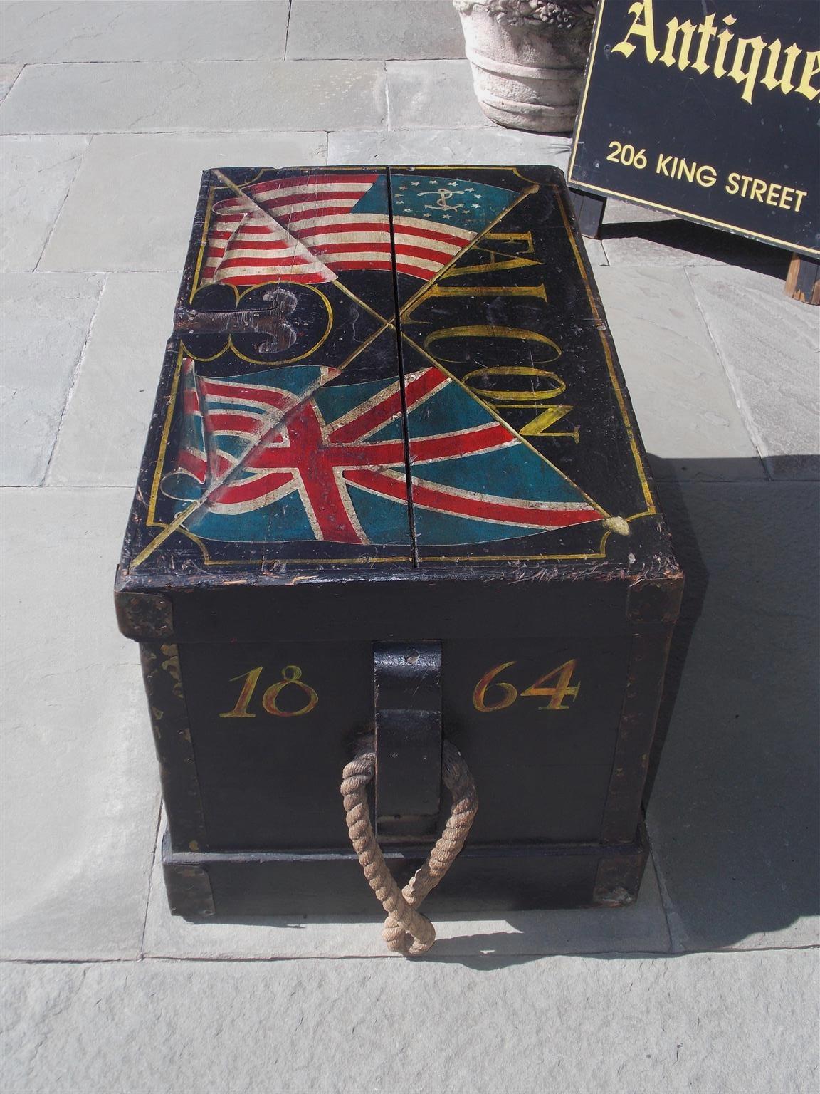 Hand-Carved American Decorative Painted Ship Carpenter Trunk with Orig. Rope Beckets, C 1864