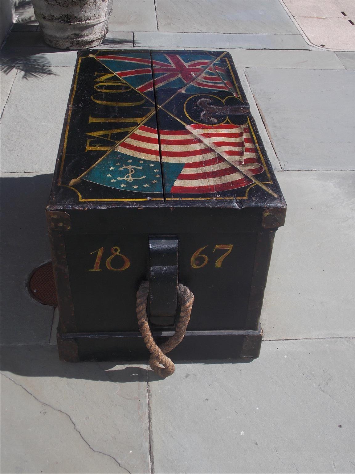 American Decorative Painted Ship Carpenter Trunk with Orig. Rope Beckets, C 1864 In Good Condition In Hollywood, SC
