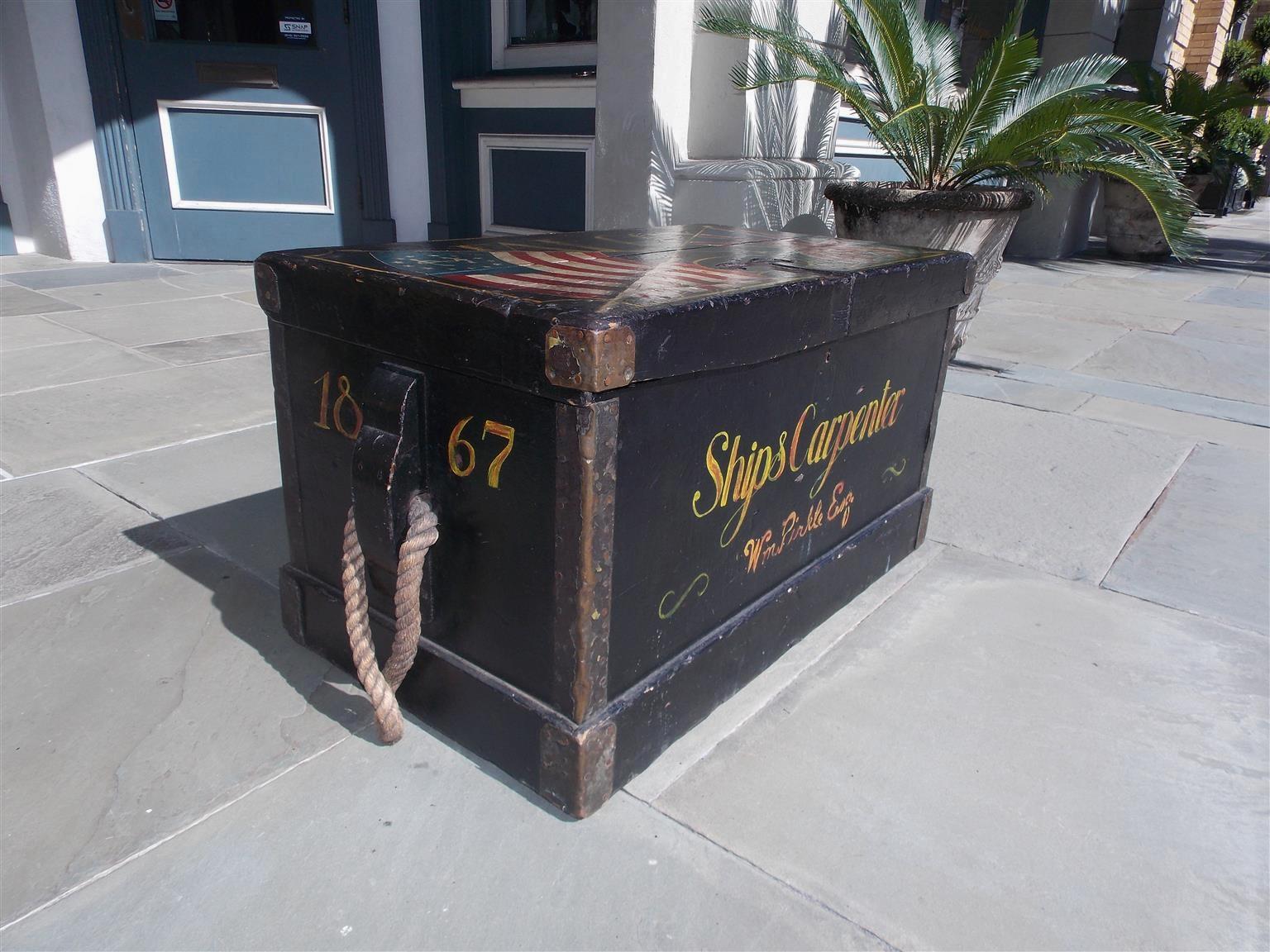 Mid-19th Century American Decorative Painted Ship Carpenter Trunk with Orig. Rope Beckets, C 1864