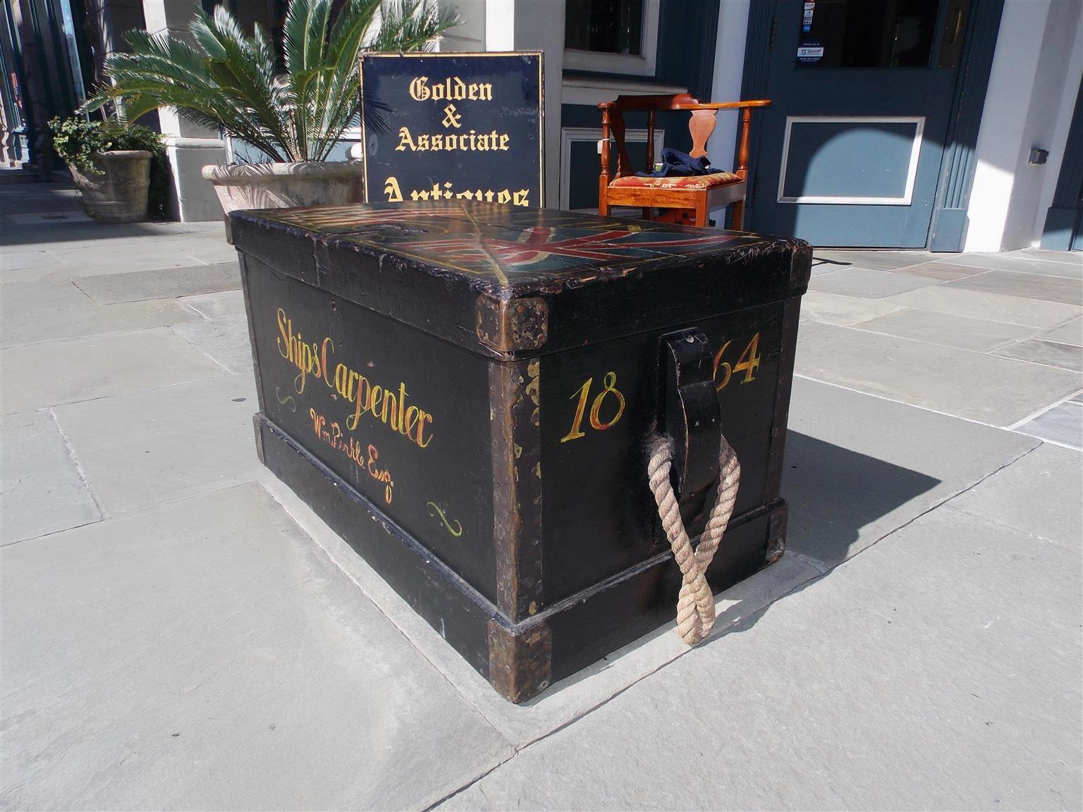 Pine American Decorative Painted Ship Carpenter Trunk with Orig. Rope Beckets, C 1864