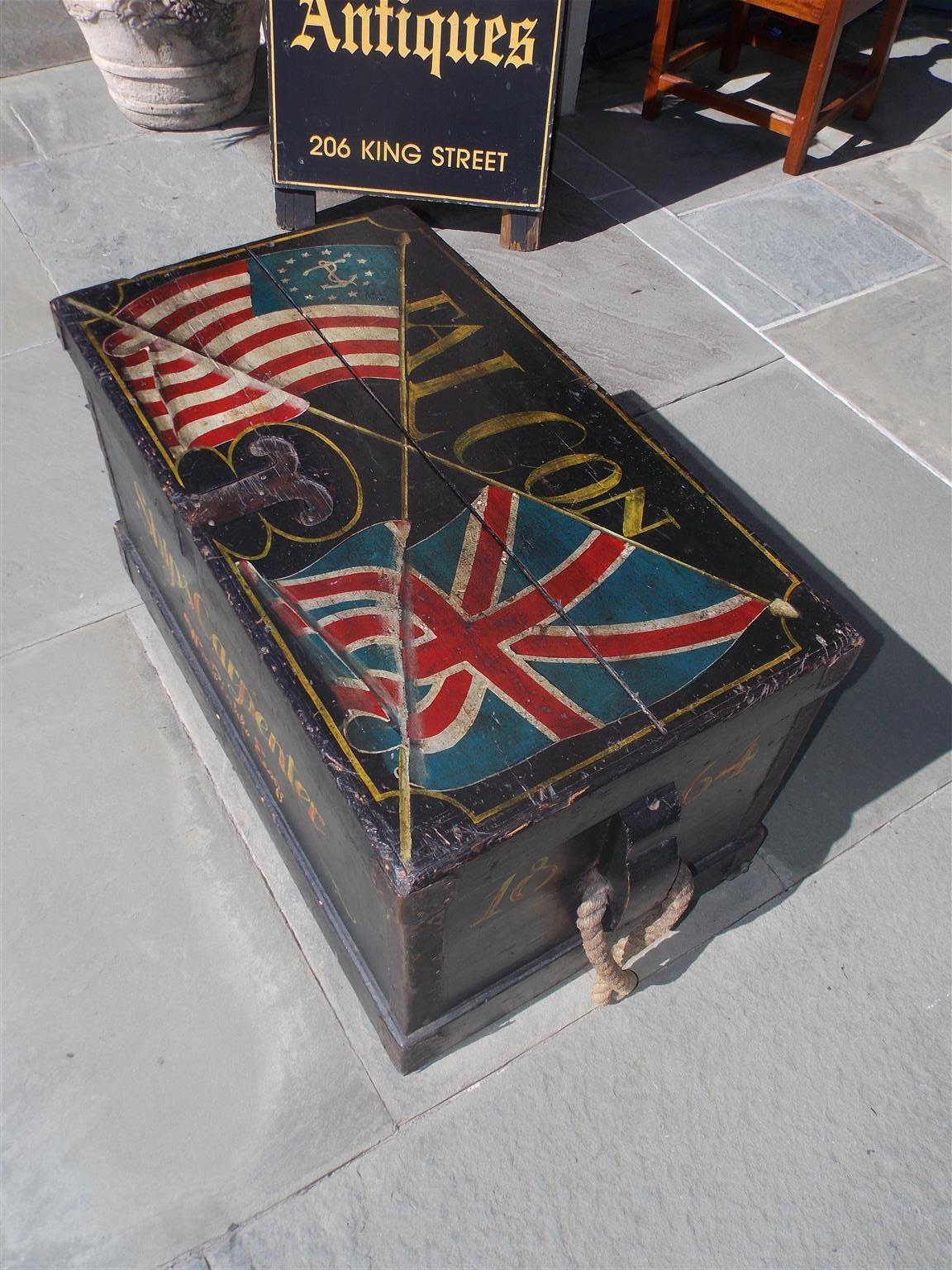 American Decorative Painted Ship Carpenter Trunk with Orig. Rope Beckets, C 1864 1