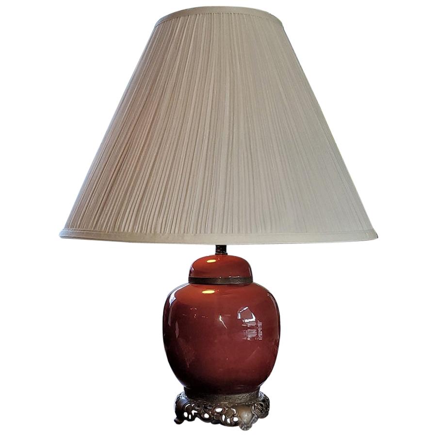 American Dedham Style Pottery Sang de Boeuf & Gilt Bronze Table Lamp For Sale