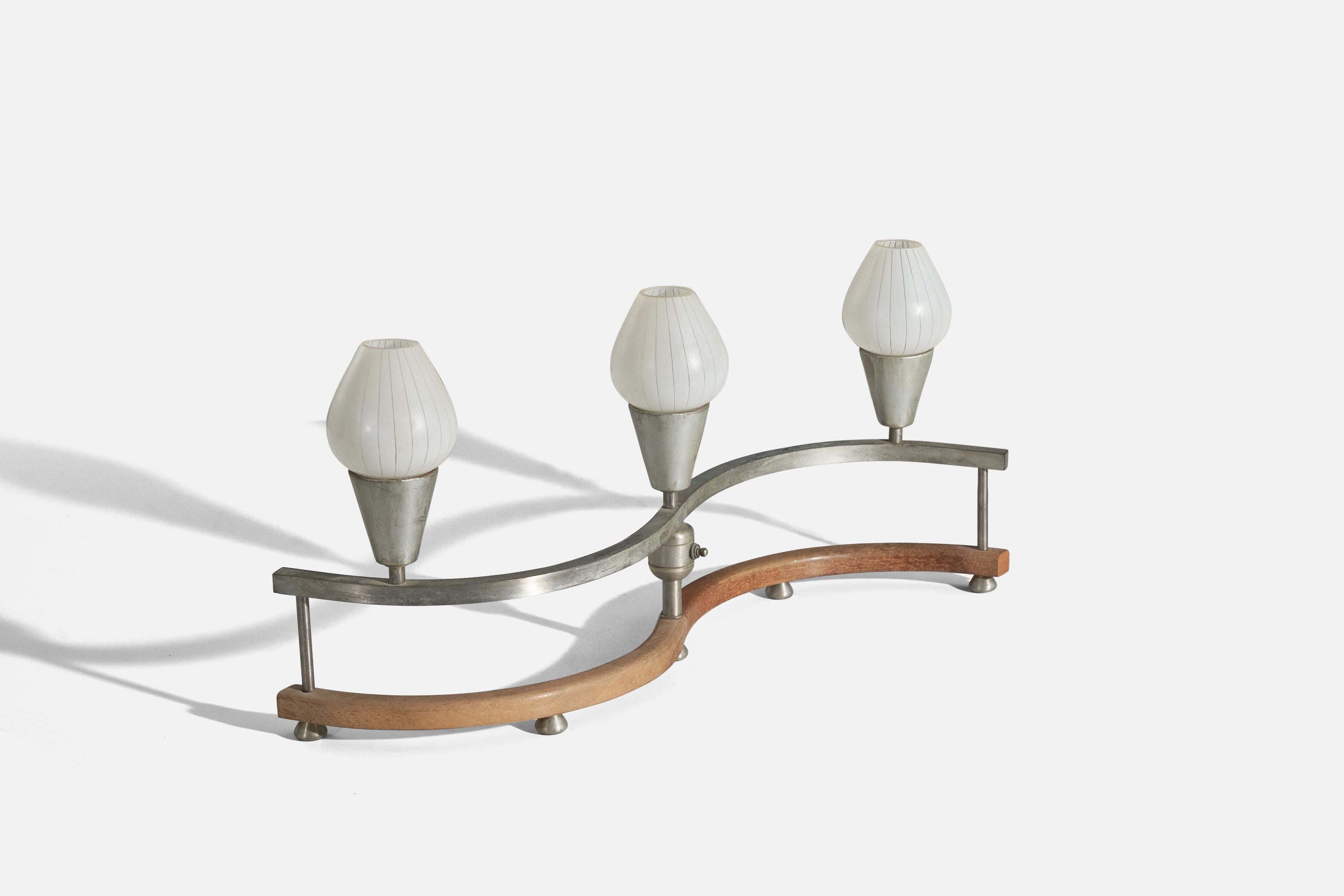 Mid-Century Modern American Designer, 3-light Table Lamp, Metal, Wood, Glass, USA, 1930s For Sale