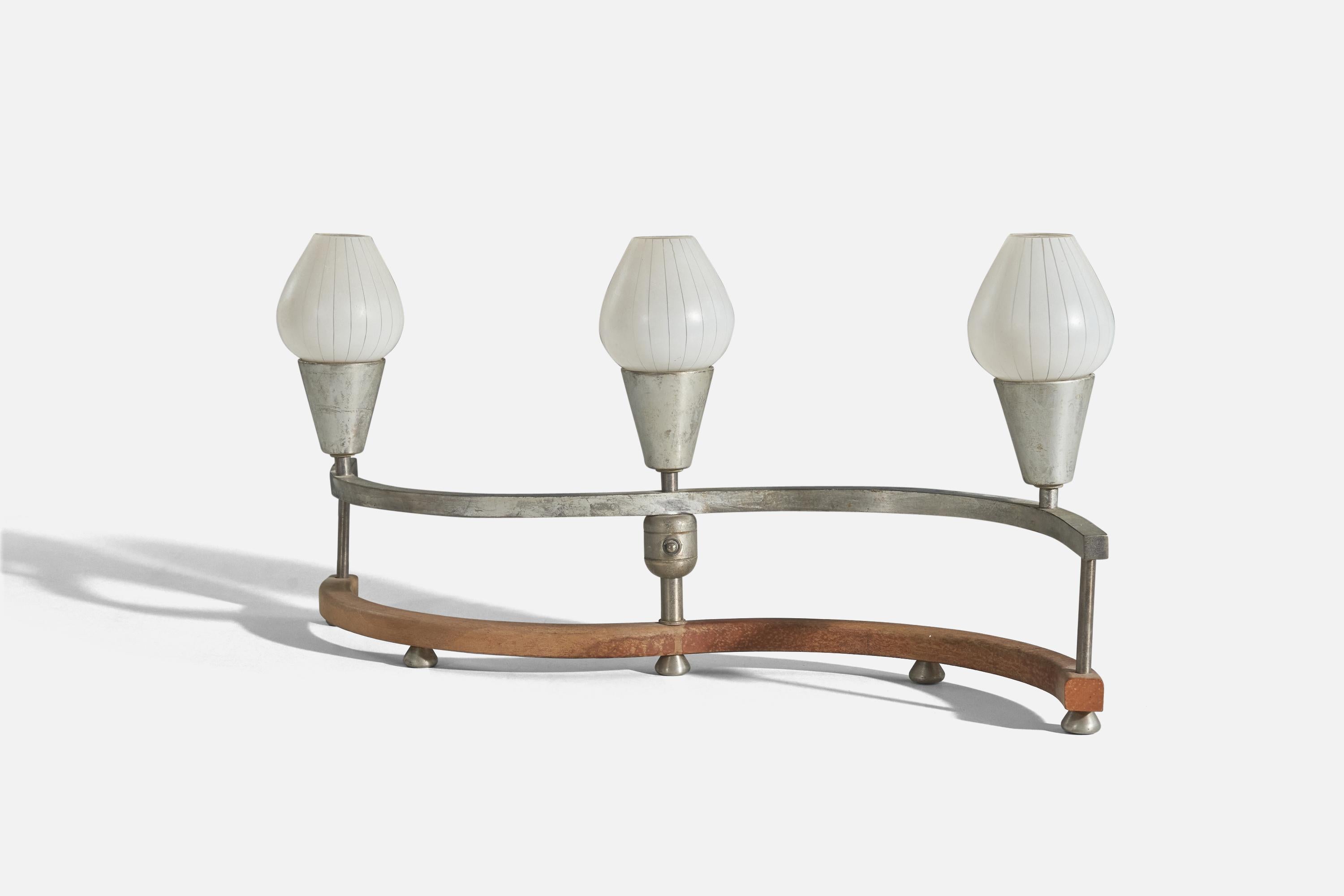 Mid-20th Century American Designer, 3-light Table Lamp, Metal, Wood, Glass, USA, 1930s For Sale