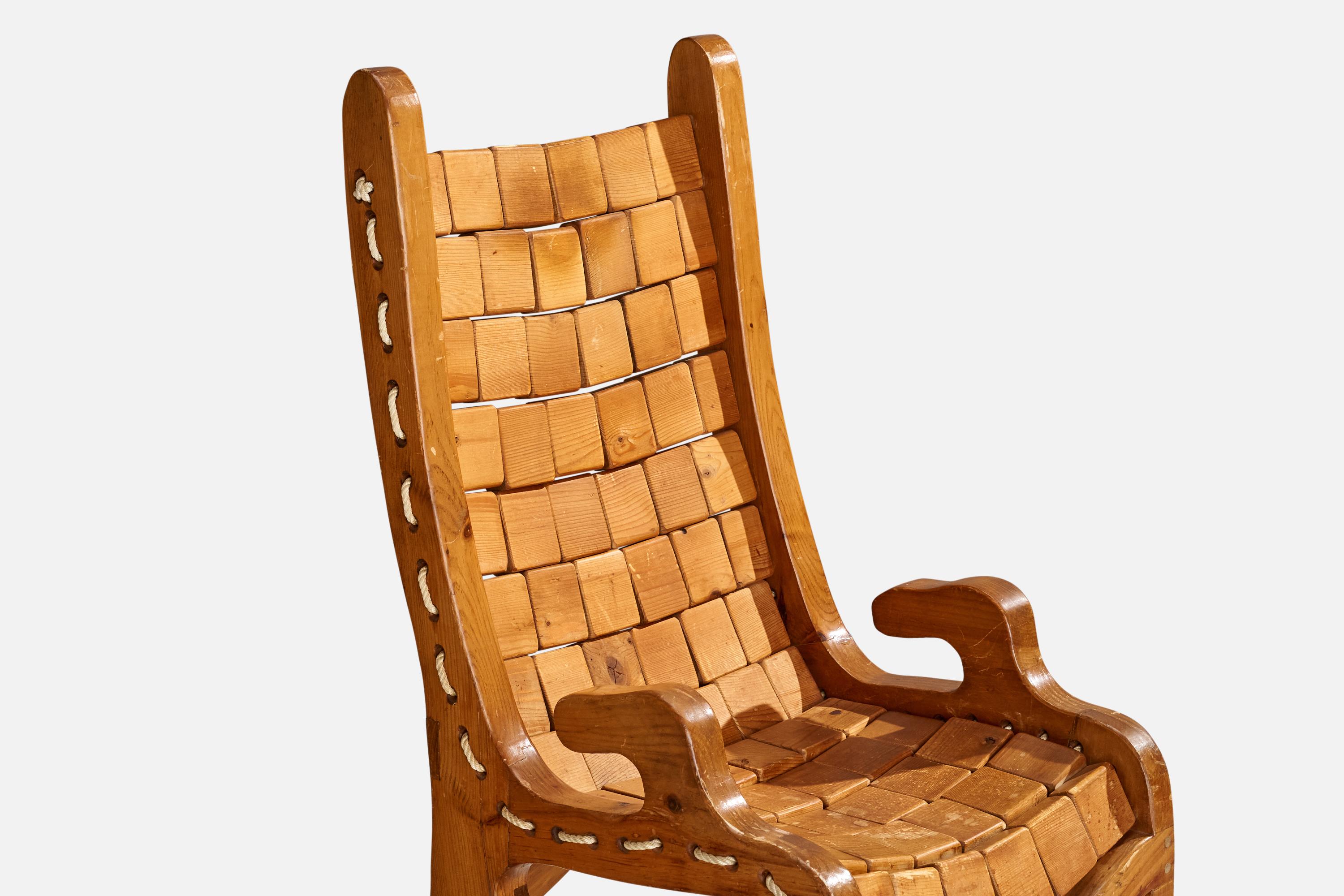 Fin du 20e siècle Designer américain, fauteuil, pin, cordon, États-Unis, 1970 en vente
