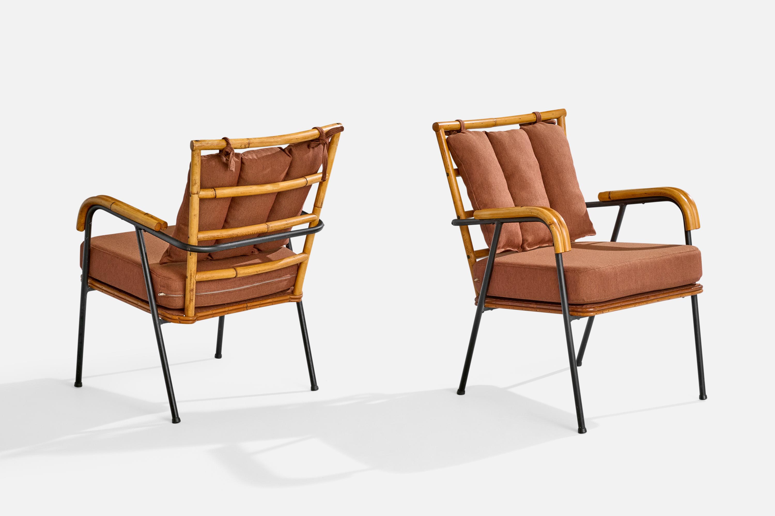Américain Am designs/One, Fauteuils, Bambou, Fer, Tissu, USA, 1950s en vente