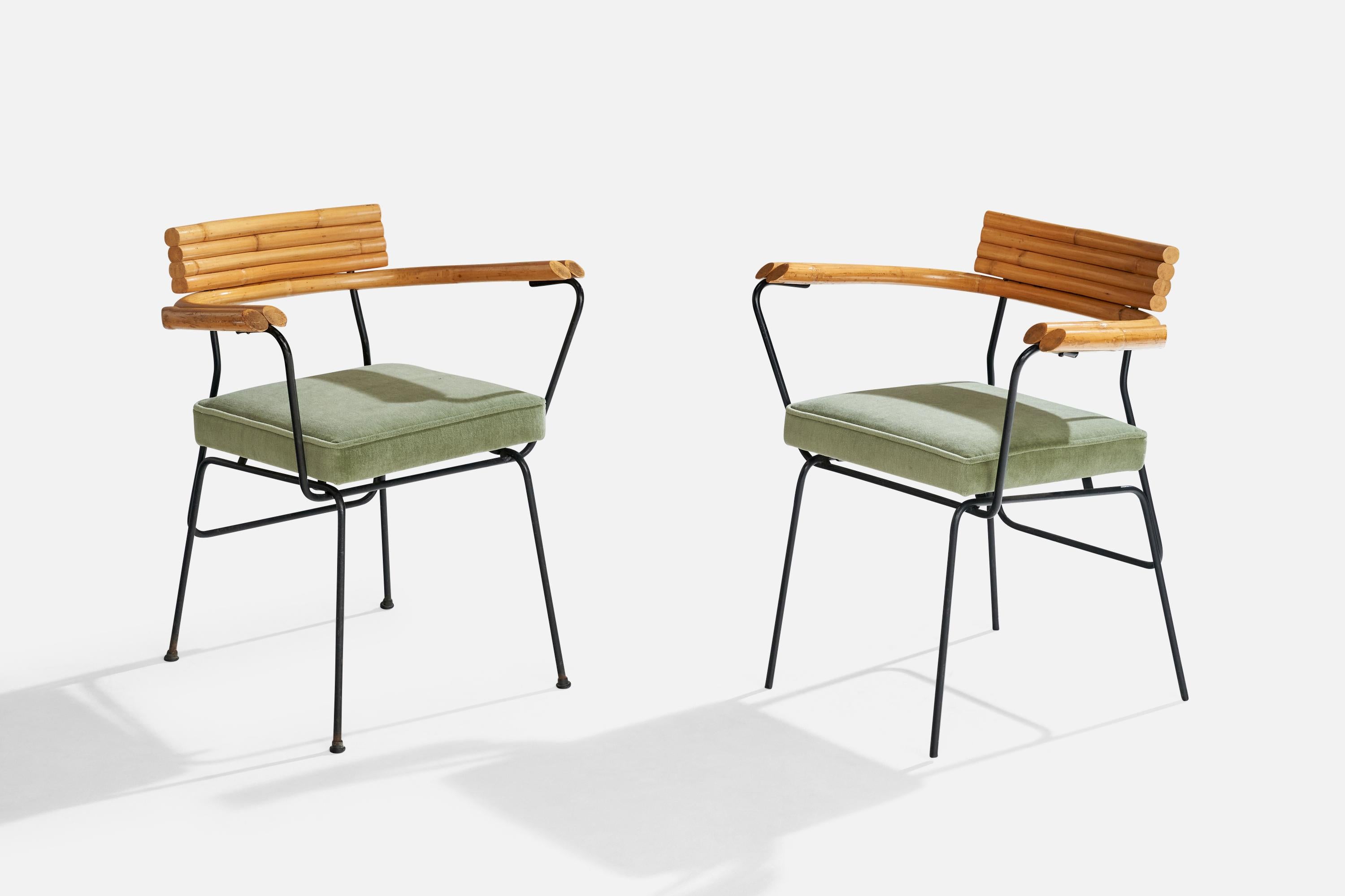 A pair of bamboo, iron and green velvet armchairs designed and produced in the US, c. 1950s.

Dimensions: 29” H x 24.9” W x 19.625” D

Seat Height: 18.75”

All upholstered furniture can be reupholstered upon request for an additional fee. Lead times