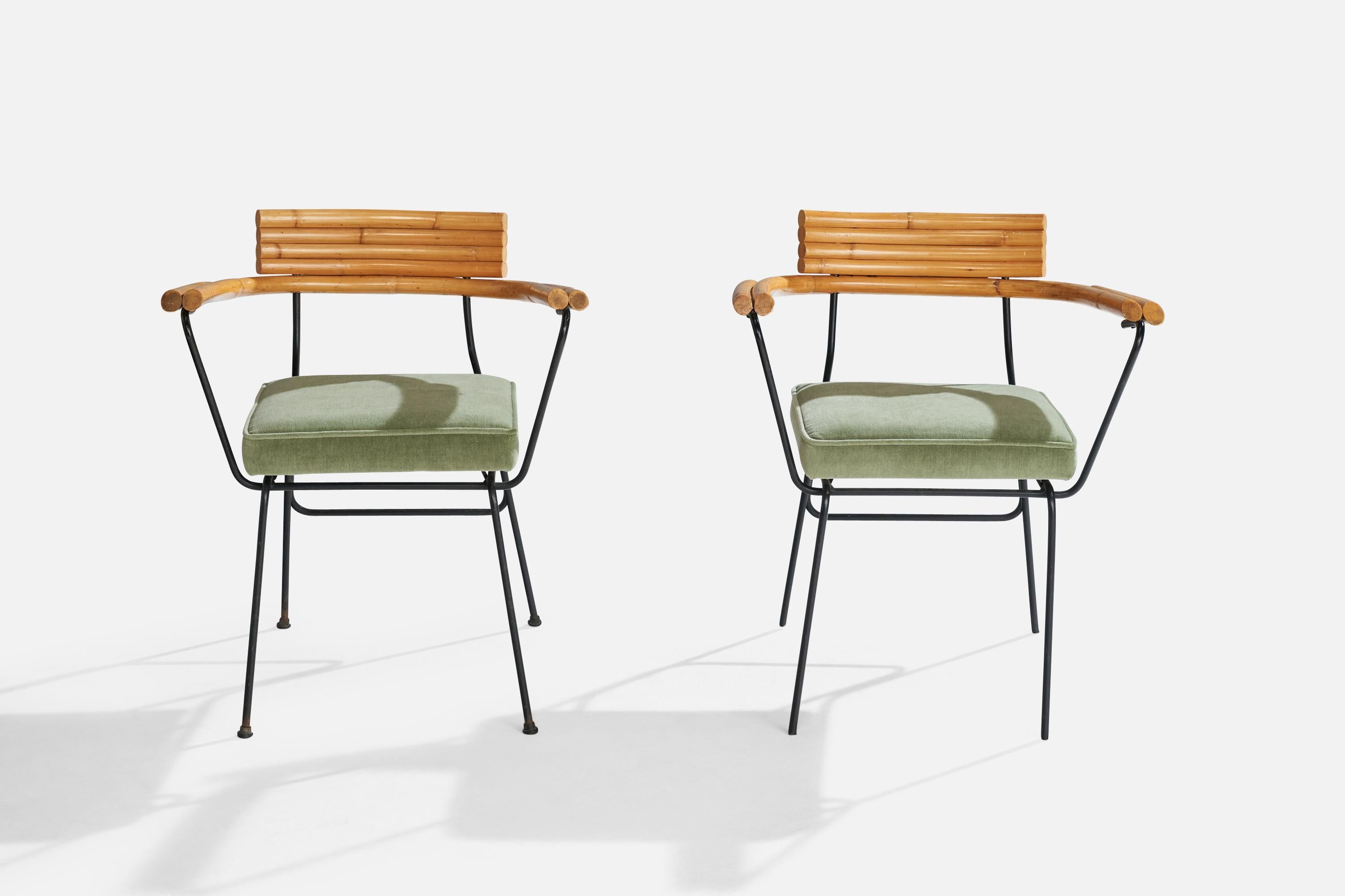 Mid-Century Modern American Designer, Armchairs, Bamboo, Iron, Velvet, USA, 1950s For Sale