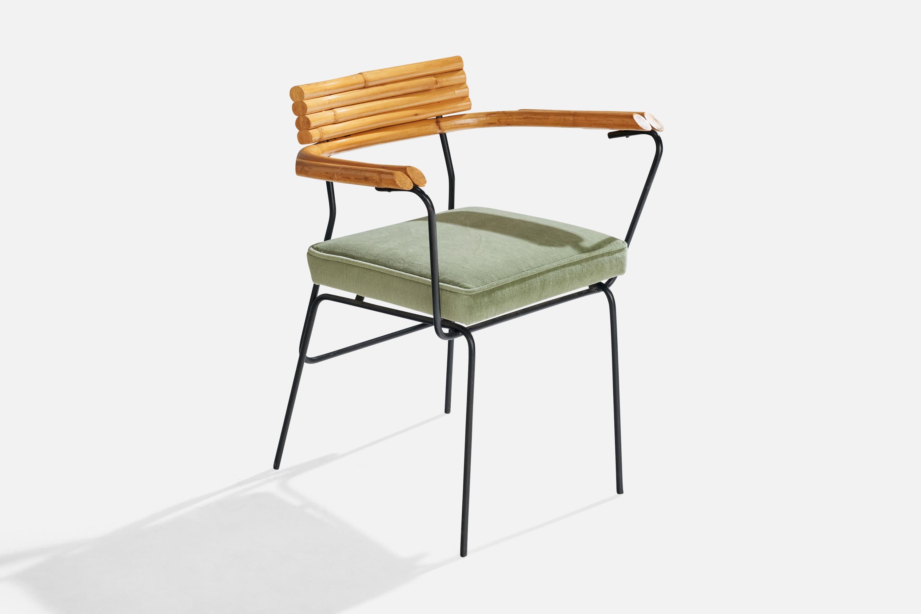 Mid-20th Century American Designer, Armchairs, Bamboo, Iron, Velvet, USA, 1950s For Sale