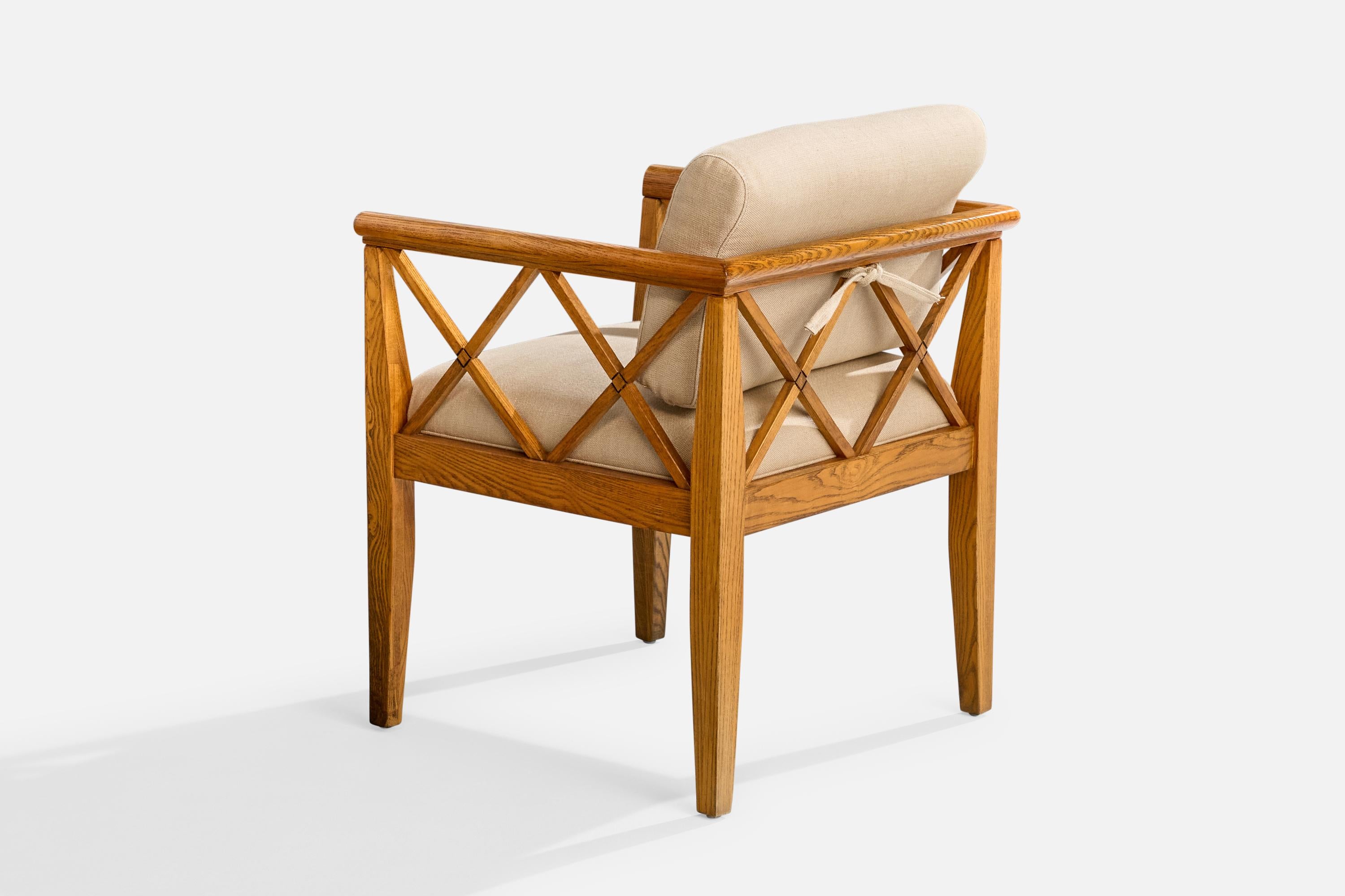 American Designer, Armchairs, Oak, Fabric, USA, 1950s For Sale 6