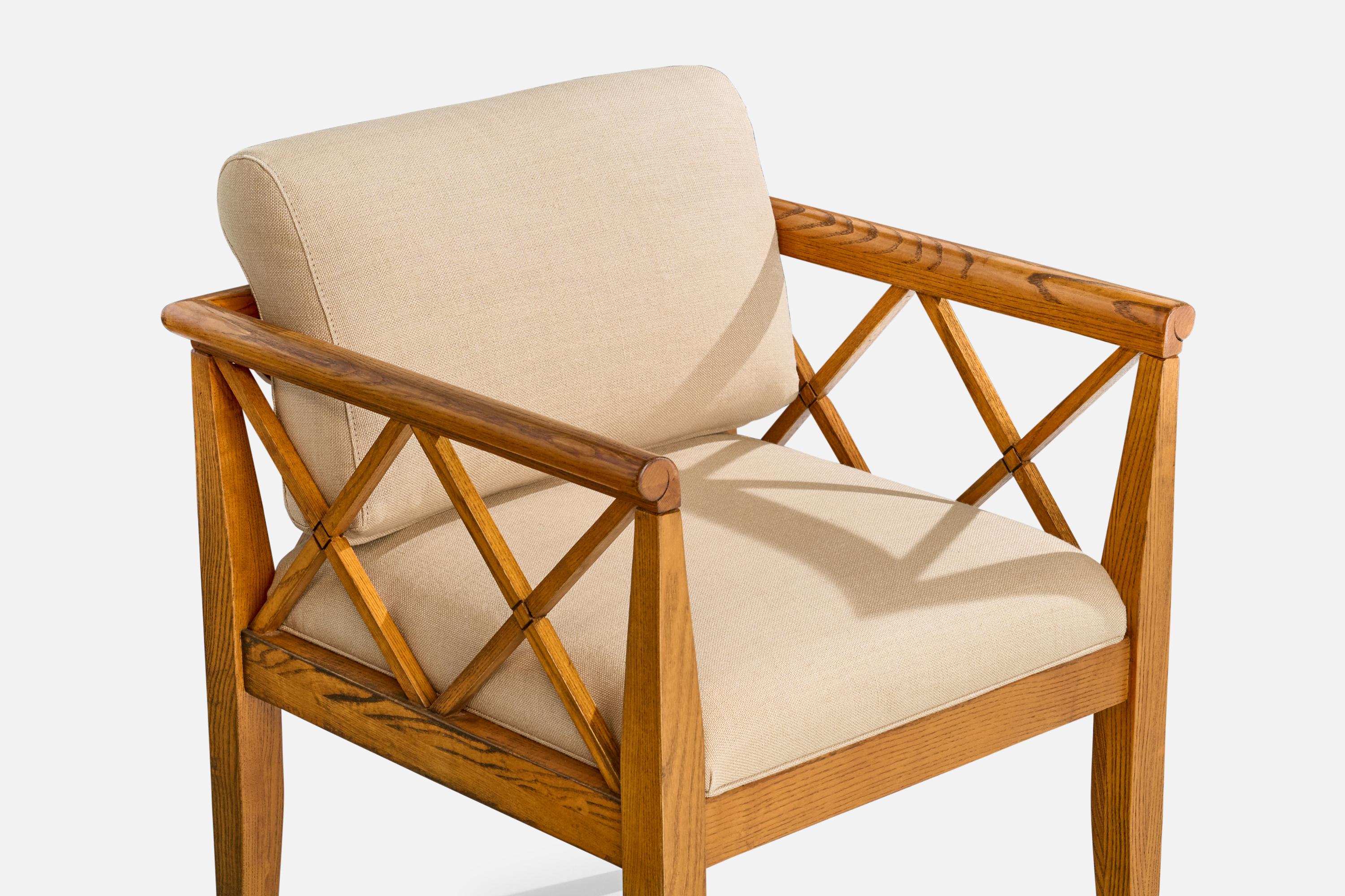 American Designer, Armchairs, Oak, Fabric, USA, 1950s For Sale 8