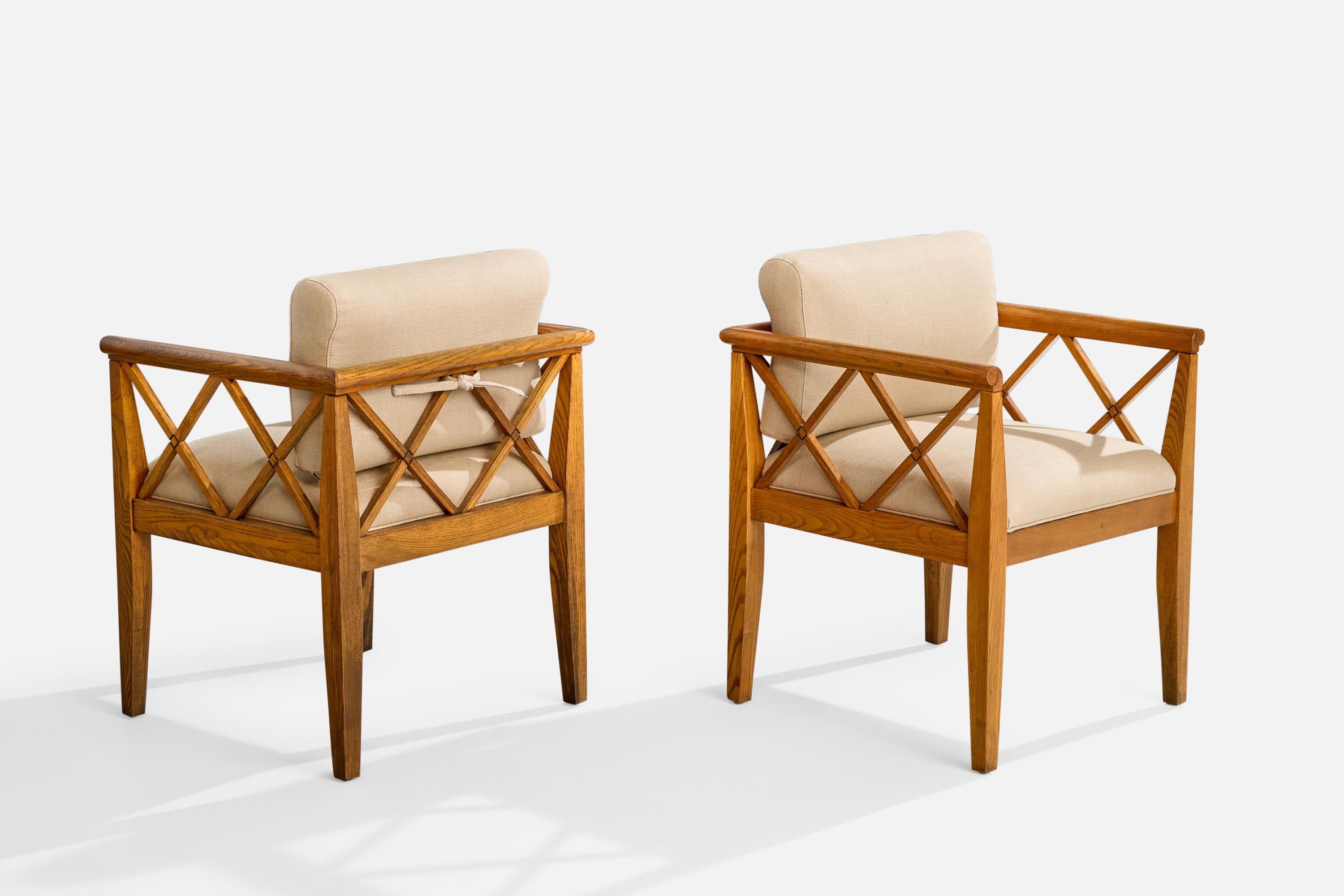 Mid-Century Modern Designer américain, Fauteuils, Oak, Tissu, USA, 1950s en vente
