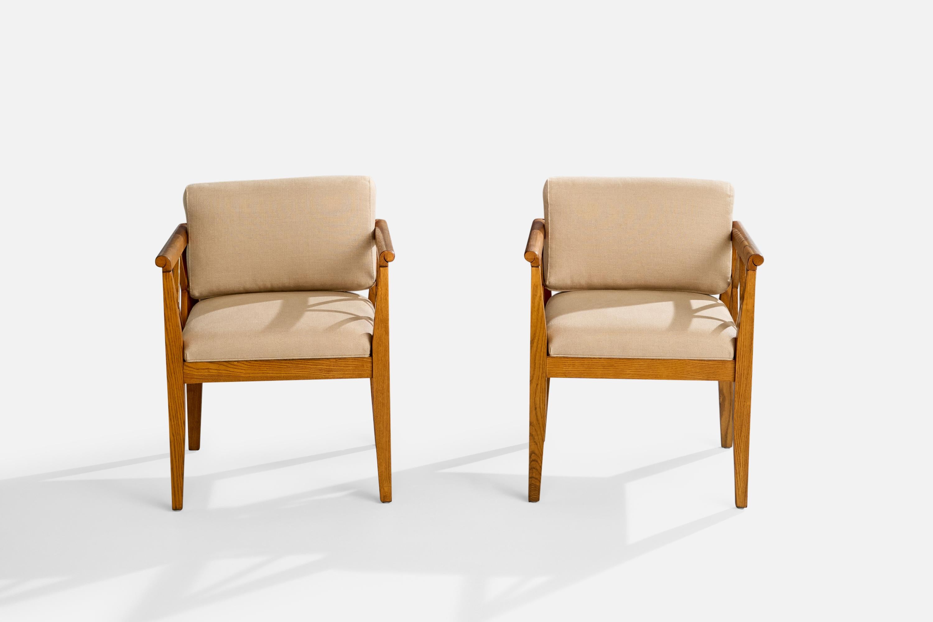 American Designer, Armchairs, Oak, Fabric, USA, 1950s In Good Condition For Sale In High Point, NC