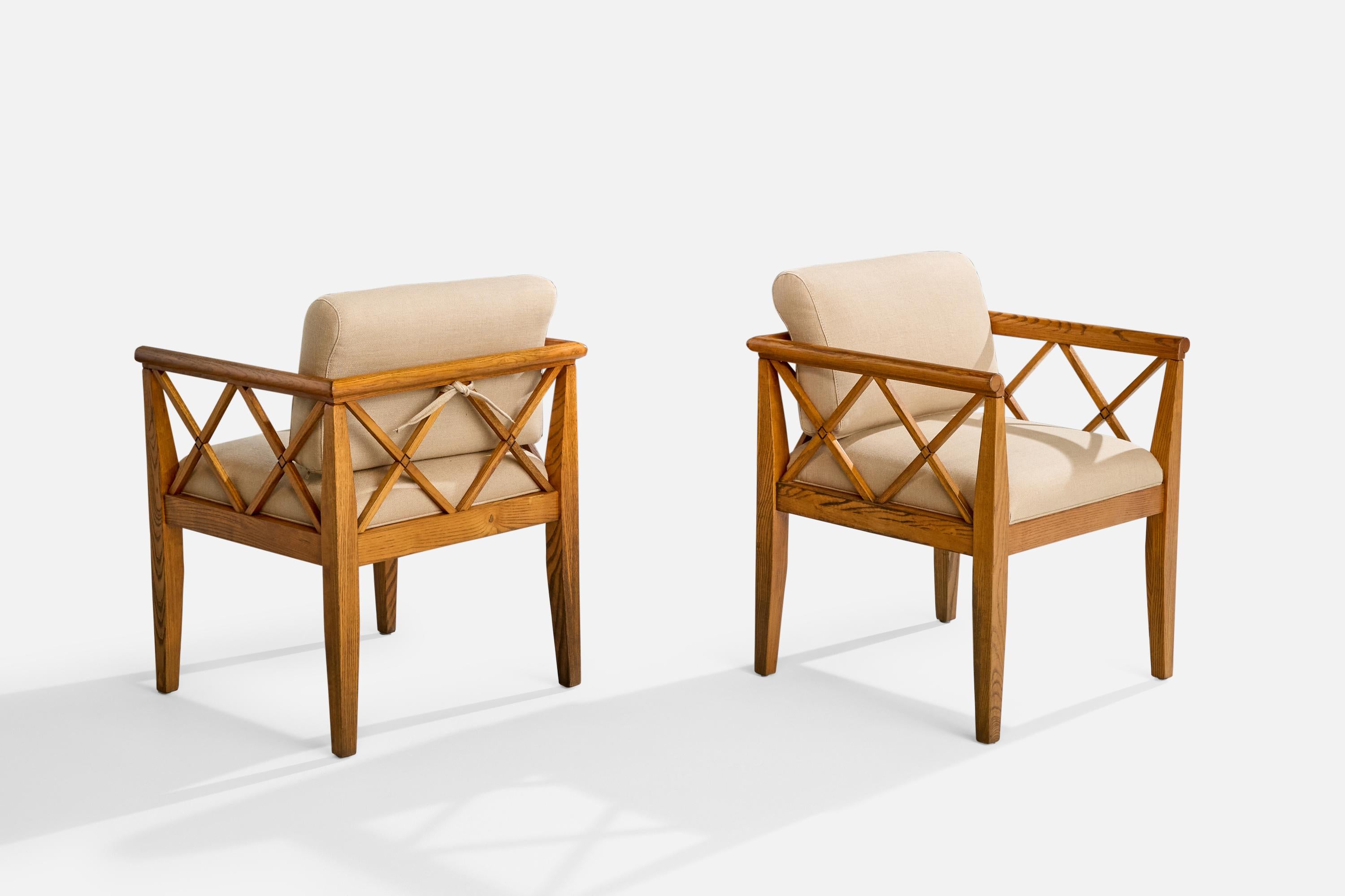 American Designer, Armchairs, Oak, Fabric, USA, 1950s For Sale 4