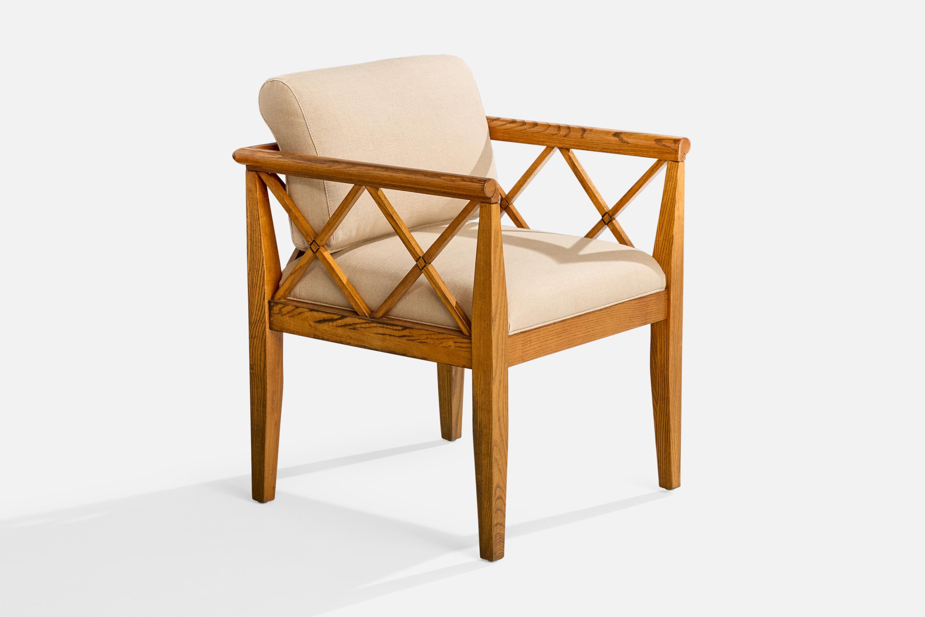 American Designer, Armchairs, Oak, Fabric, USA, 1950s For Sale 5