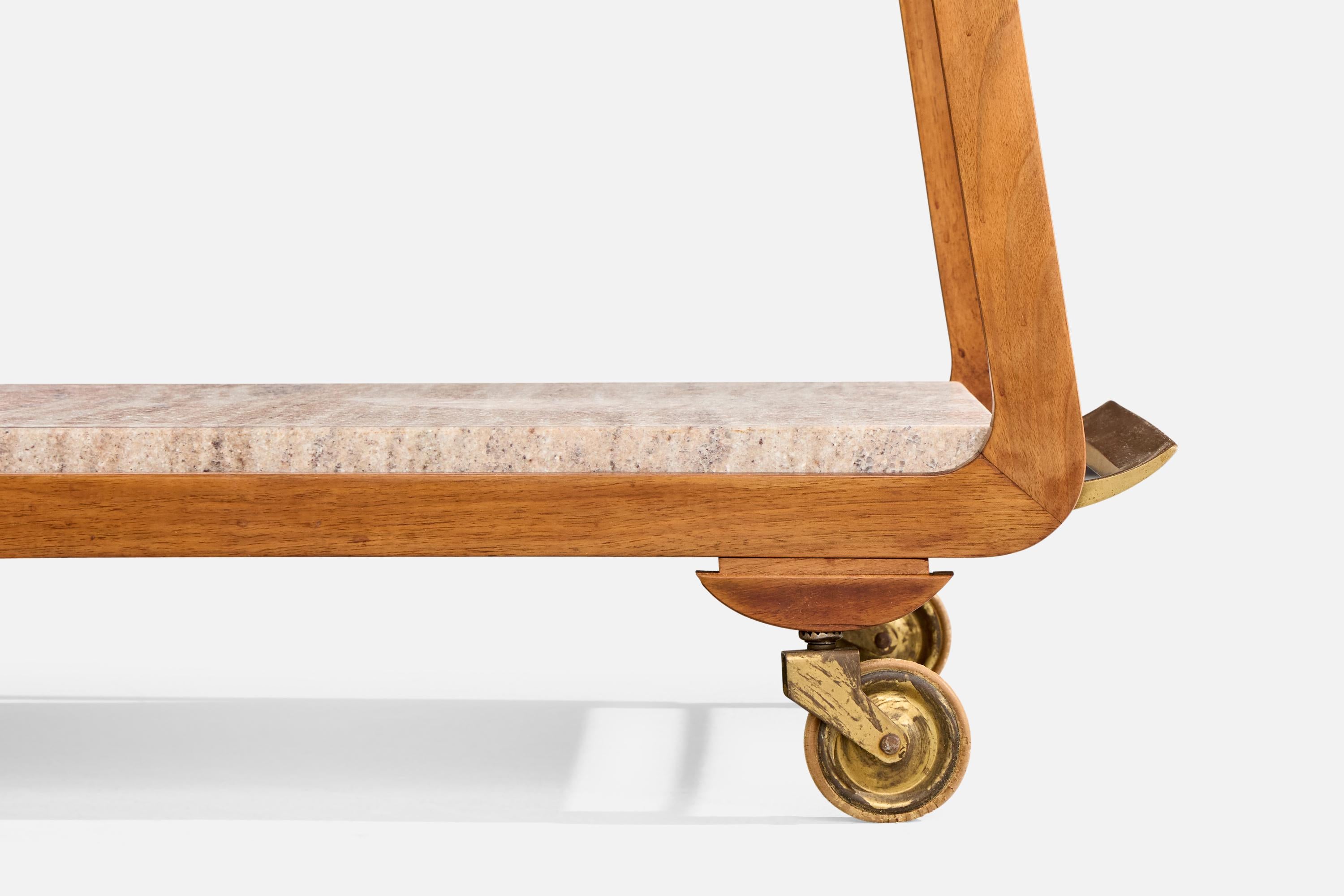 Diseñador americano, Carrito de bar, Roble, Latón, Mármol, EE.UU., Años 50 en venta 4